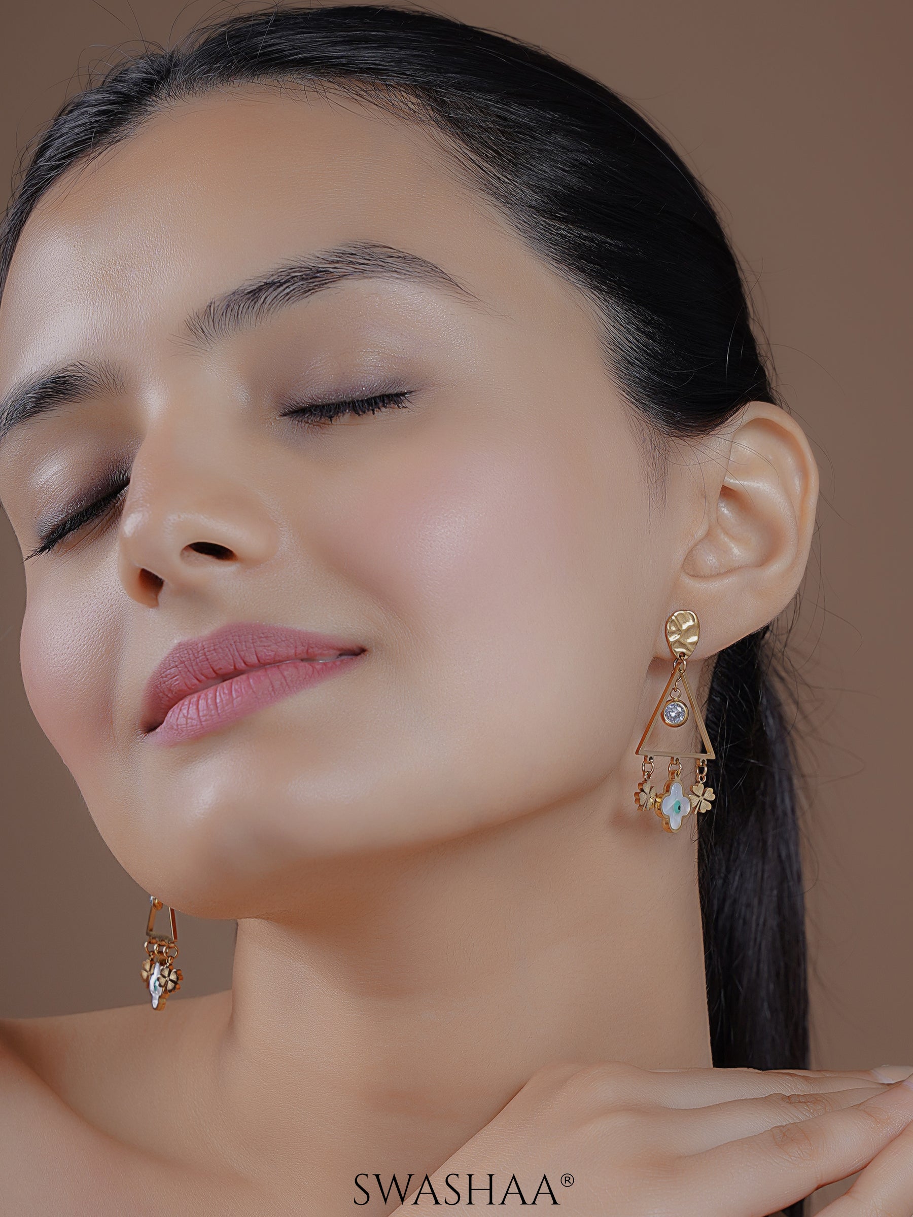 Dazzle Evil Eye Leaf Charms Geometric Dangling Clover 18K Gold Plated Dangling Earrings