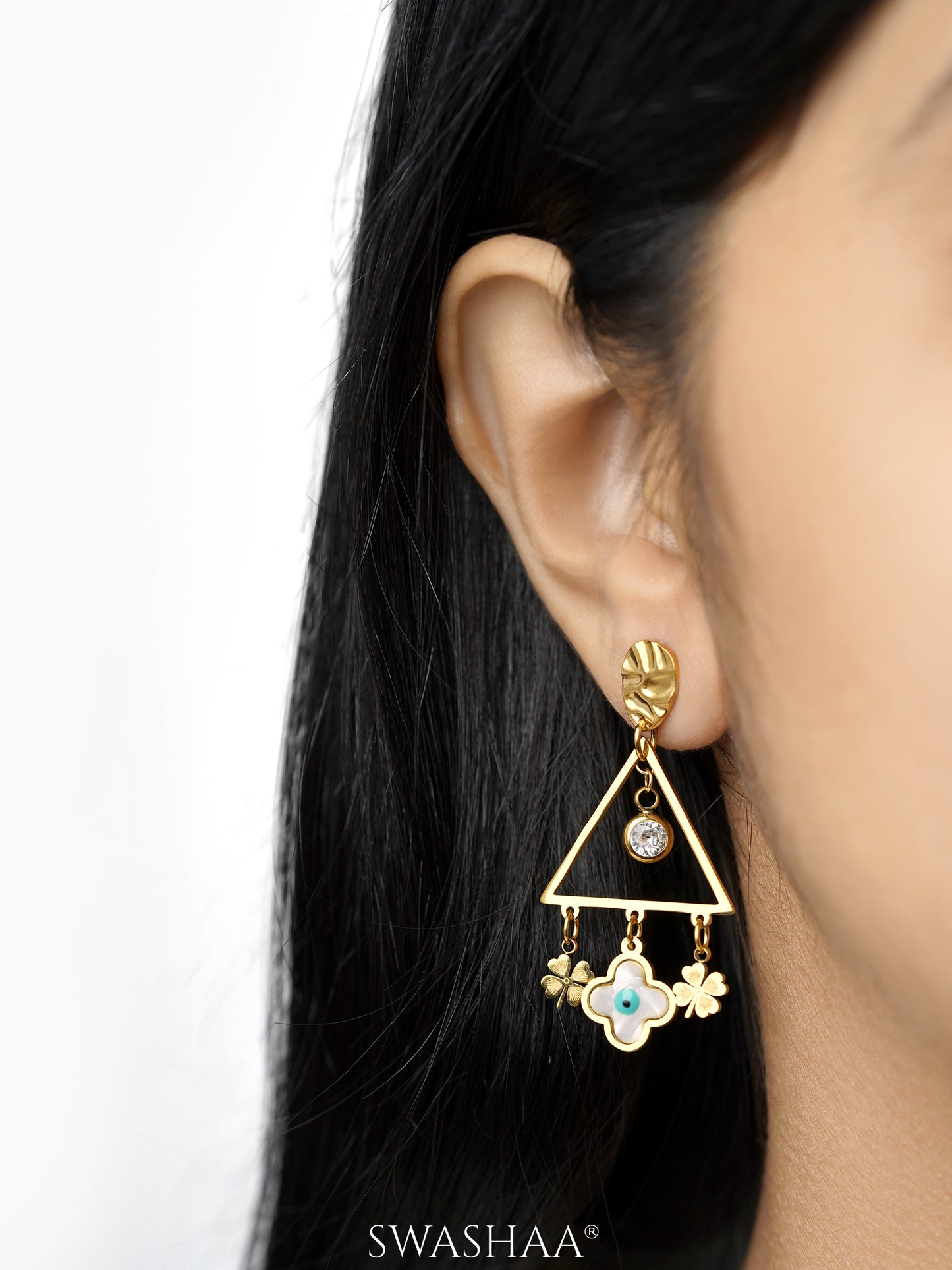 Dazzle Evil Eye Leaf Charms Geometric Dangling Clover 18K Gold Plated Dangling Earrings