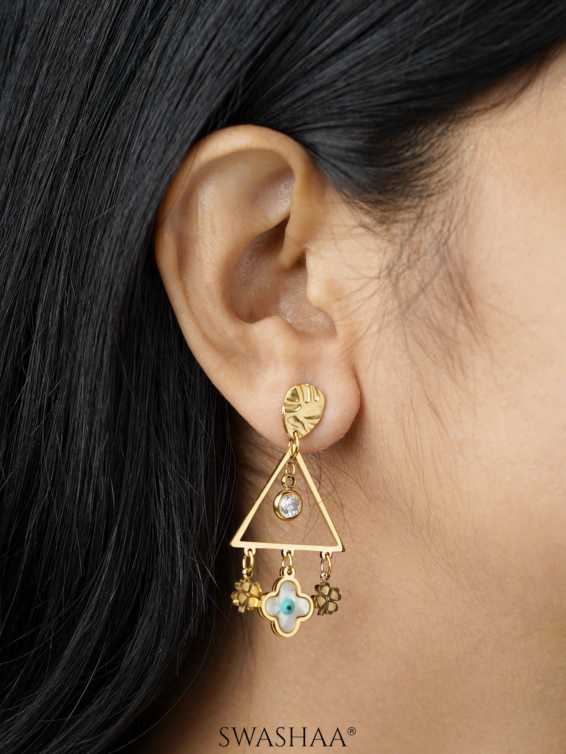 Dazzle Evil Eye Leaf Charms Geometric Dangling Clover 18K Gold Plated Dangling Earrings