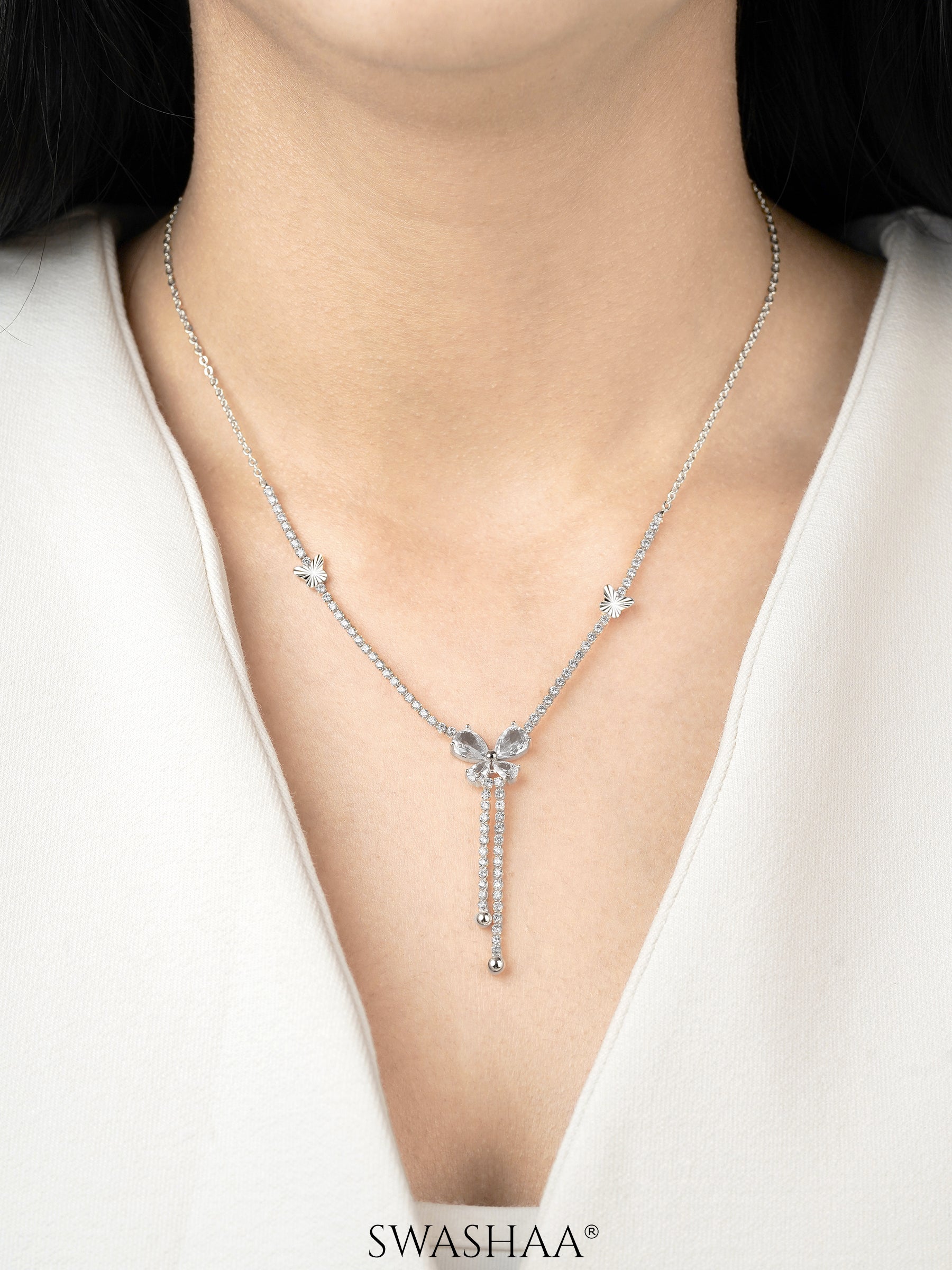 Debbie Y-shapped Crystal Butterfly Y-shaped Silver Chain Pendant Necklace