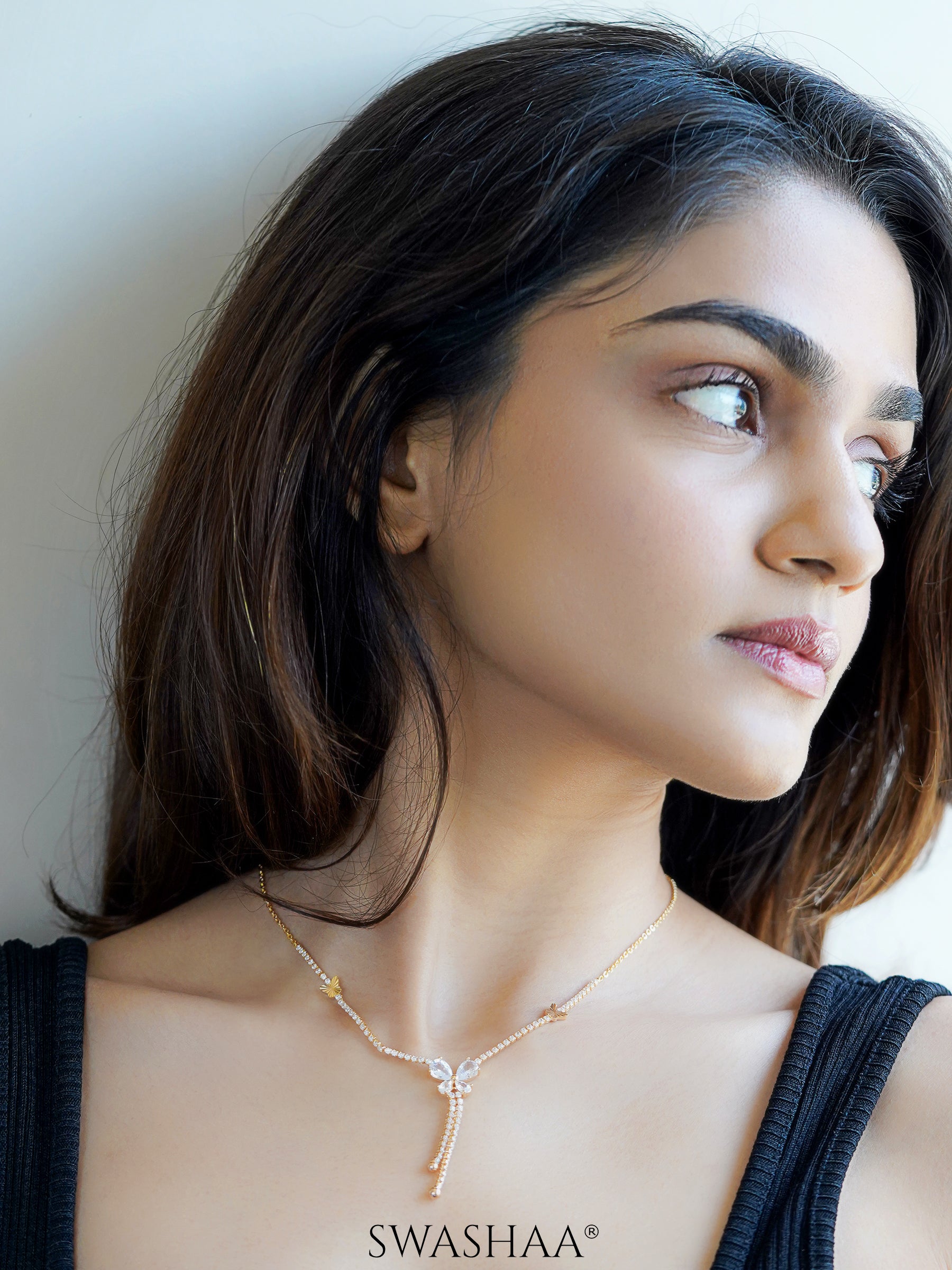 Debbie Y-shapped Crystal Butterfly Y-shaped 18K Gold Plated Chain Pendant Necklace