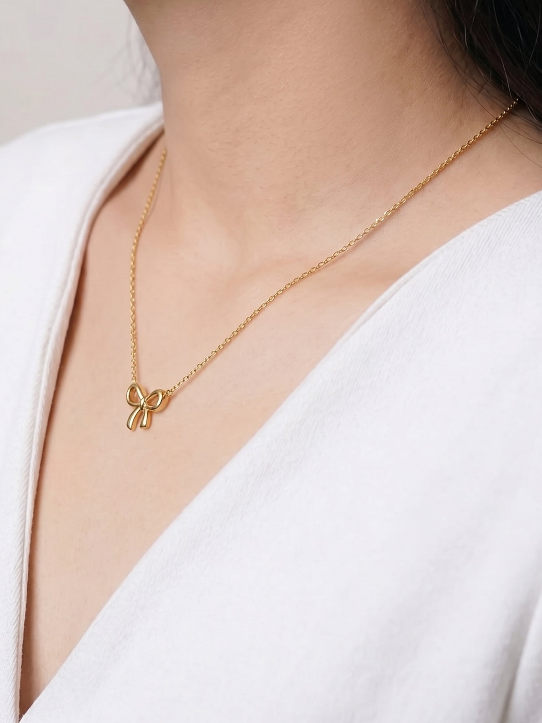 Delmira Ribbon Bow Charm 18K Gold Plated Women's Chain Pendant Necklace
