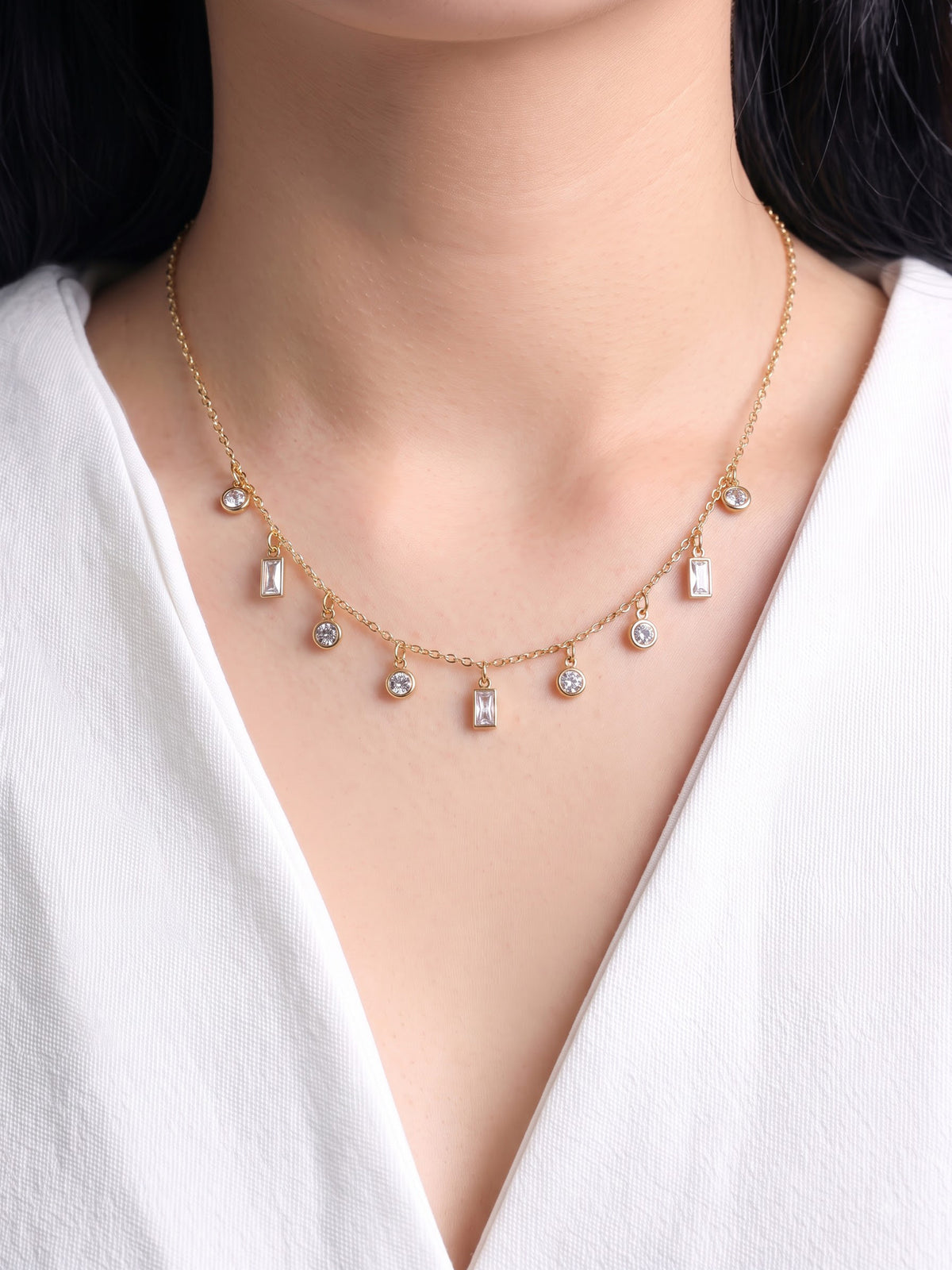 Demiara Round Diamond Baguette Diamond Charms 18K Gold Plated Women's Chain Pendant Necklace