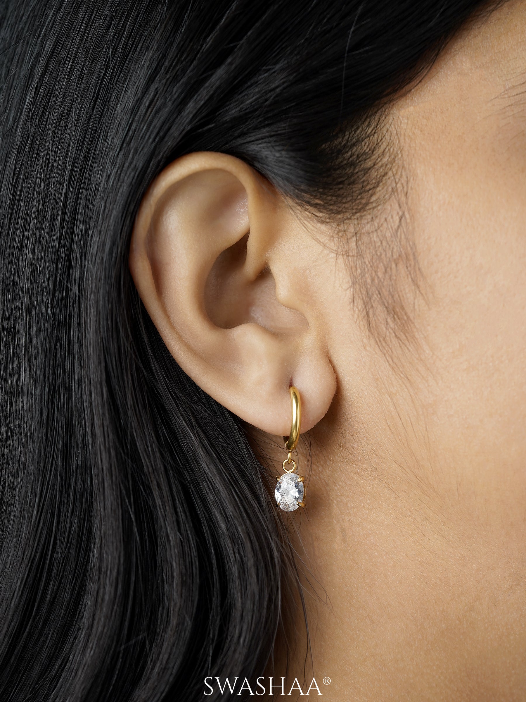 Denali Oval Cut Solitaire Drop Stone 18K Gold Plated Hoop Dangling Earrings