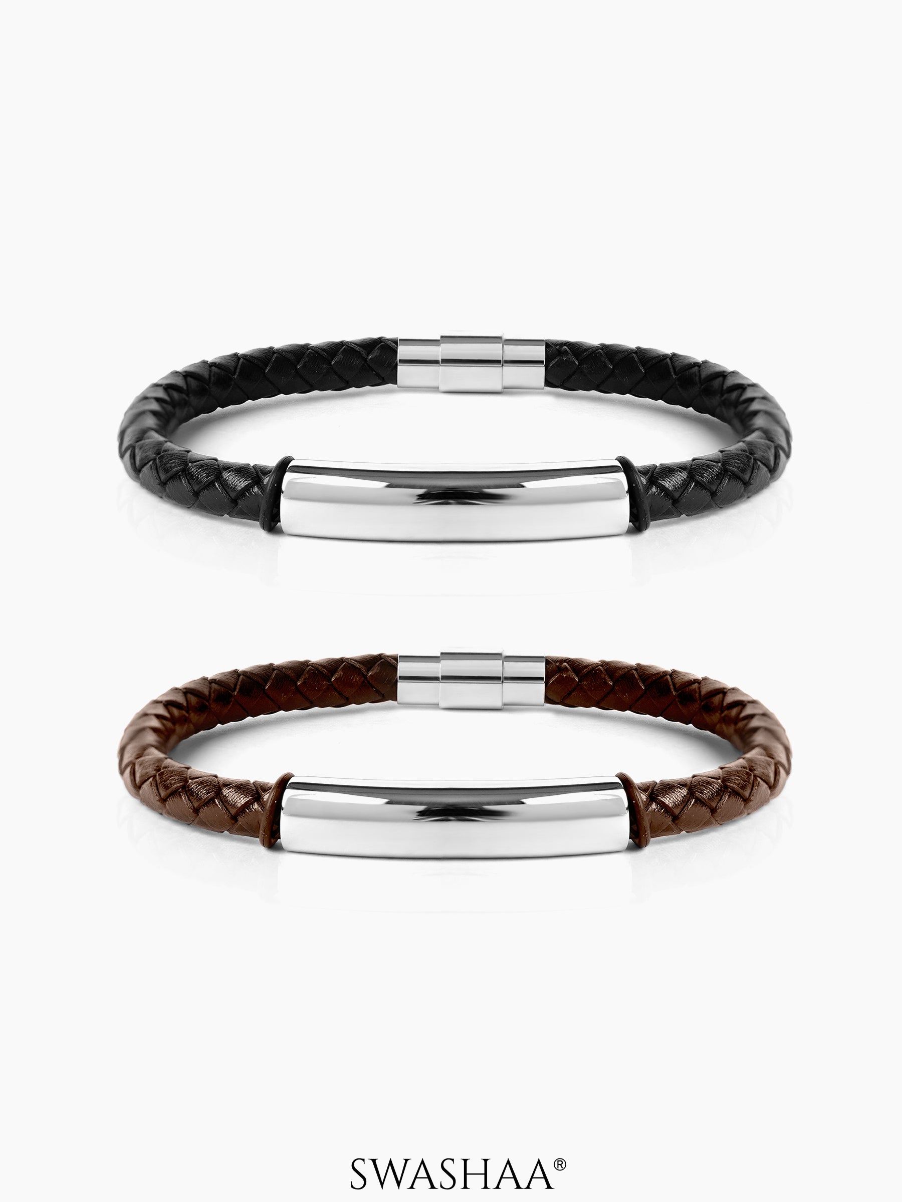 Dexter Braided Black Silver Bar Men's Leather Bracelet