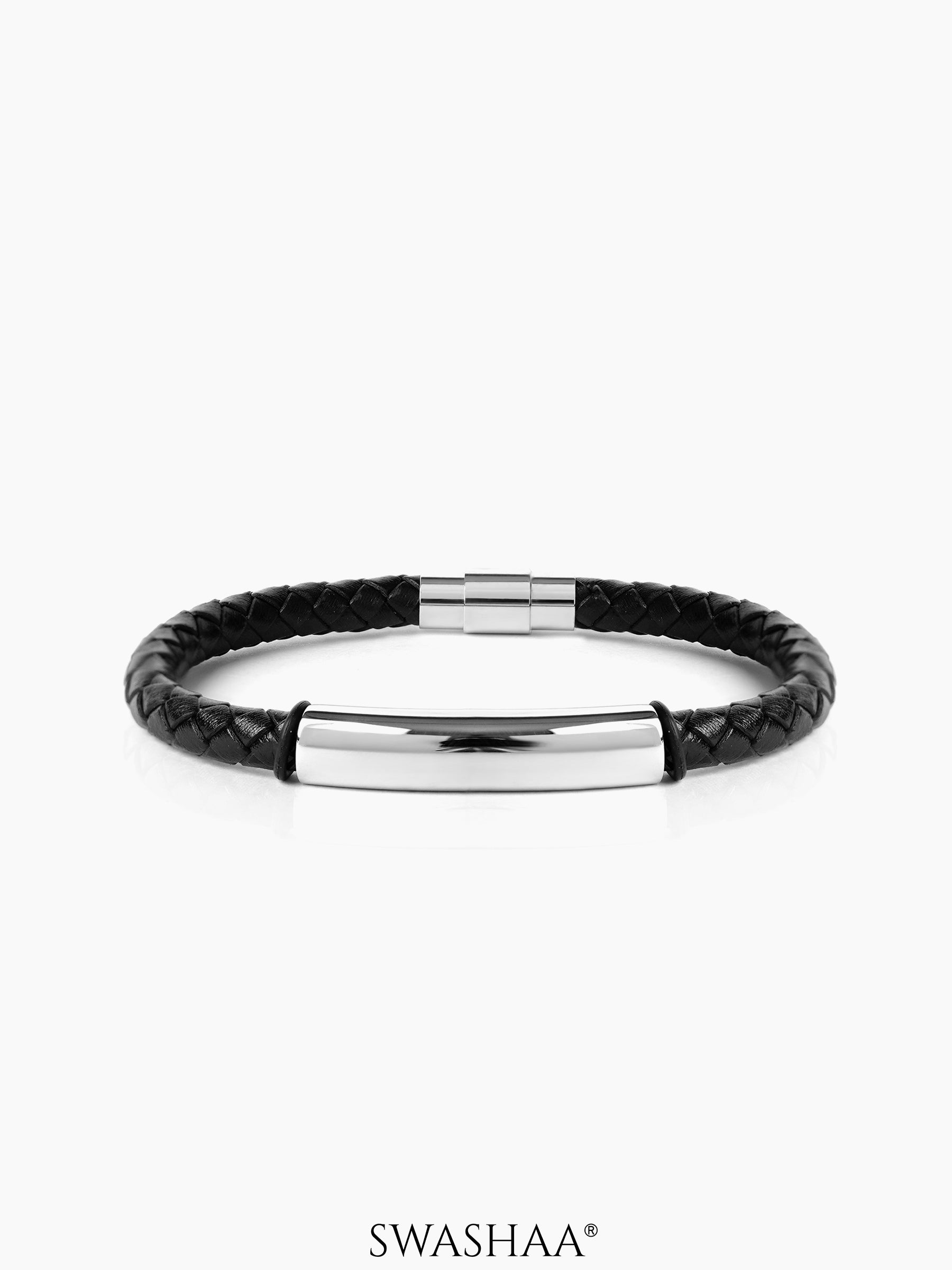Dexter Braided Black Silver Bar Men's Leather Bracelet