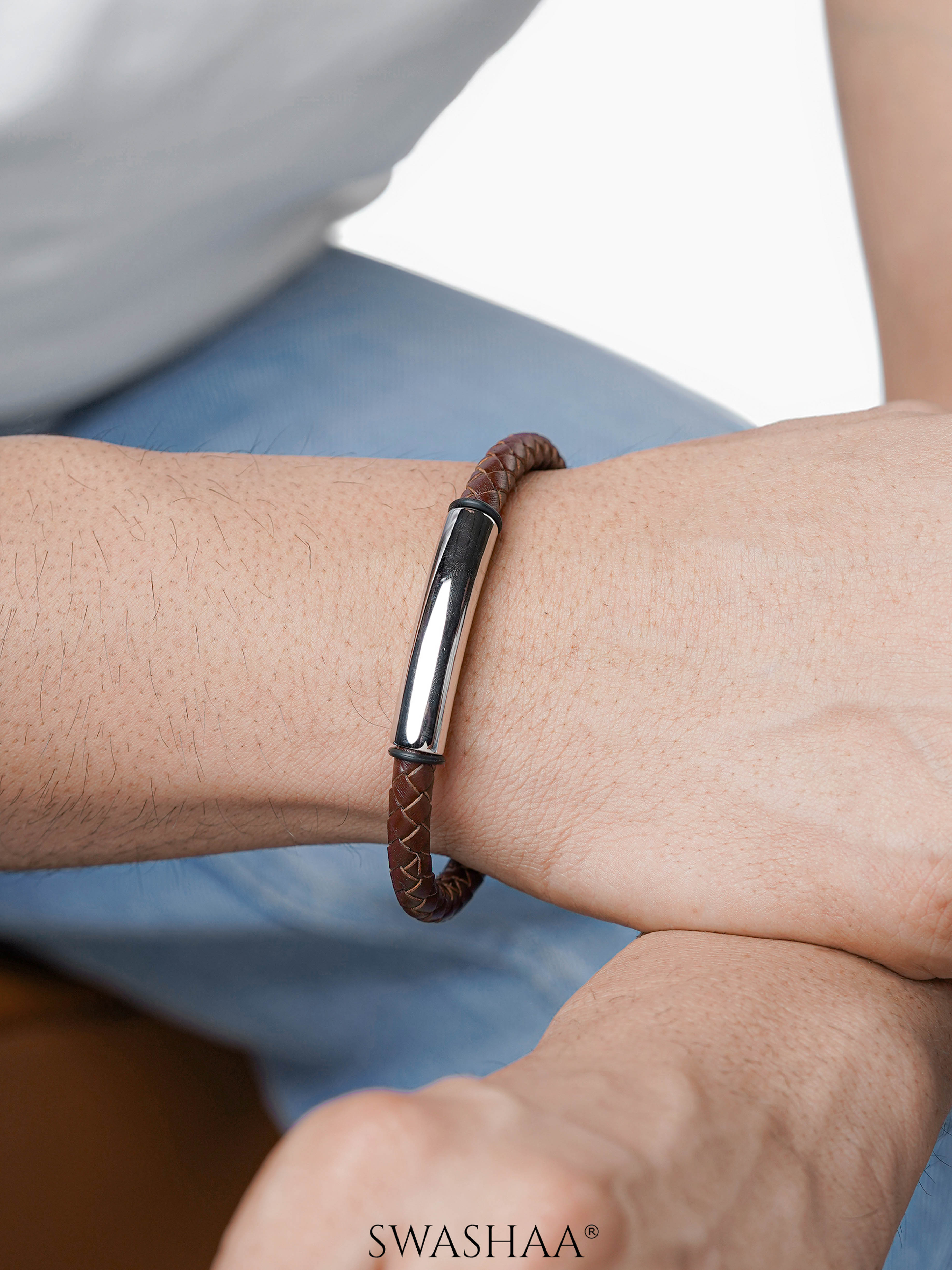 Dexter Braided Brown Silver Bar Men's Leather Bracelet