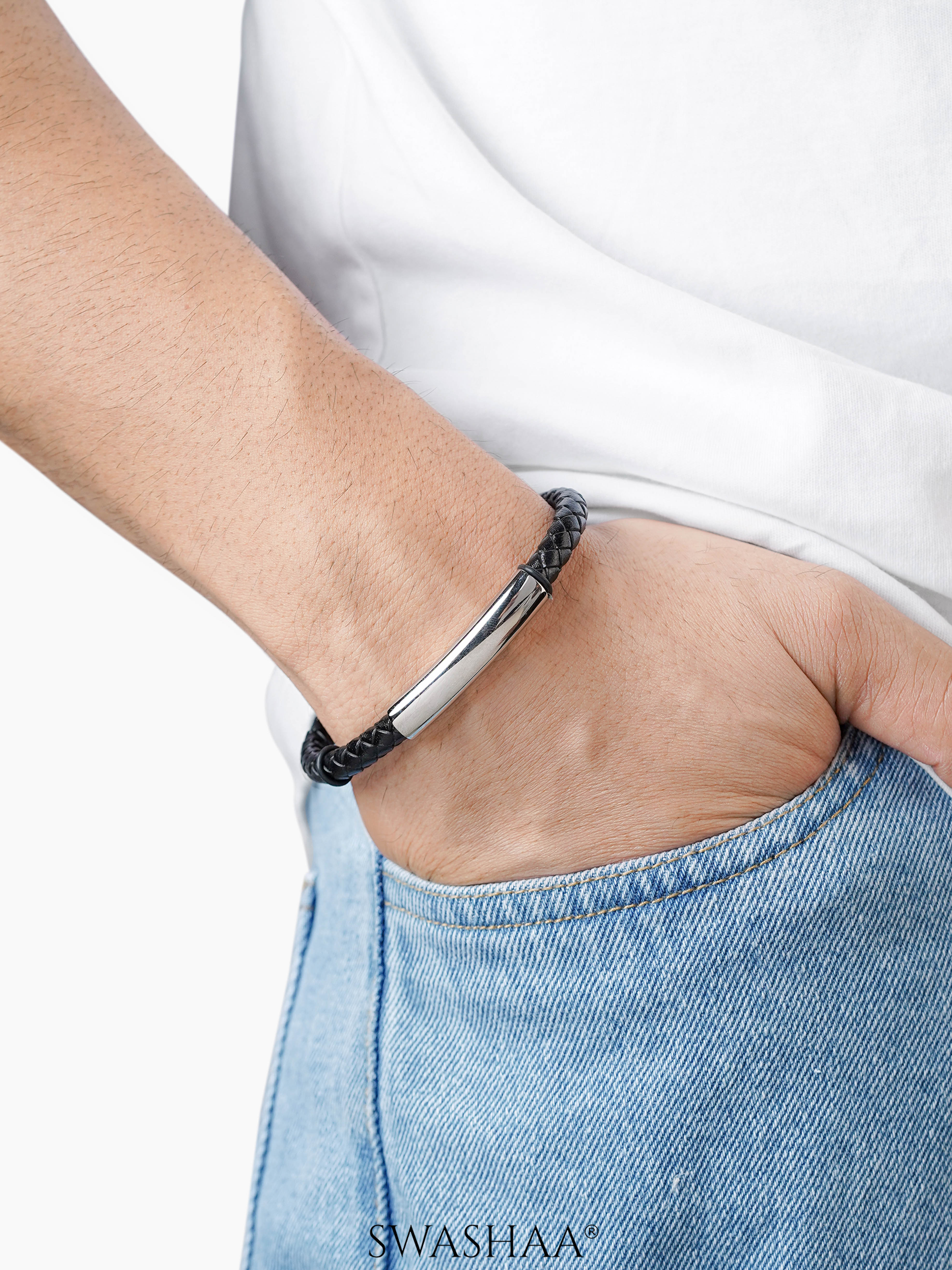 Dexter Braided Black Silver Bar Men's Leather Bracelet