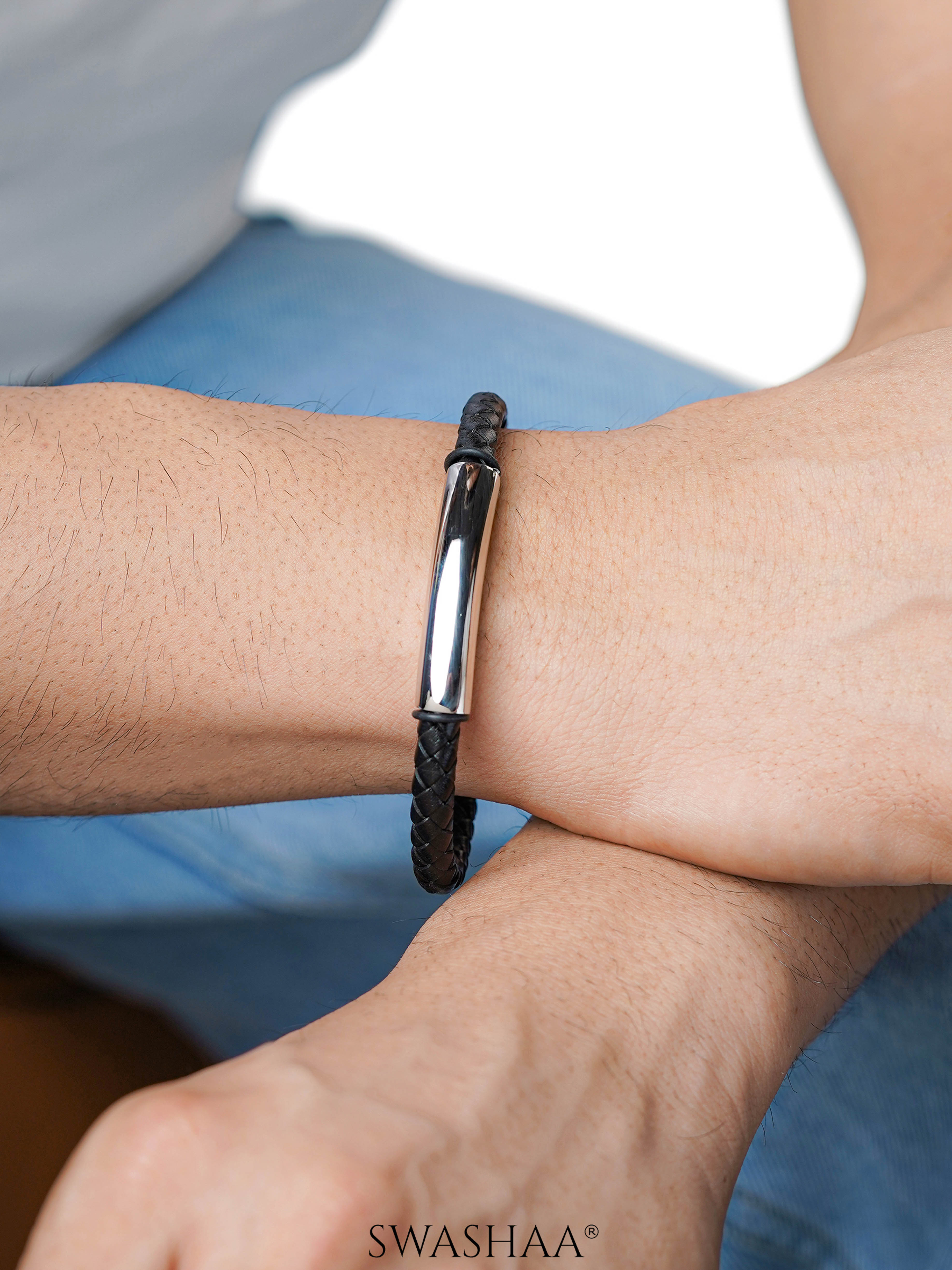 Dexter Braided Black Silver Bar Men's Leather Bracelet