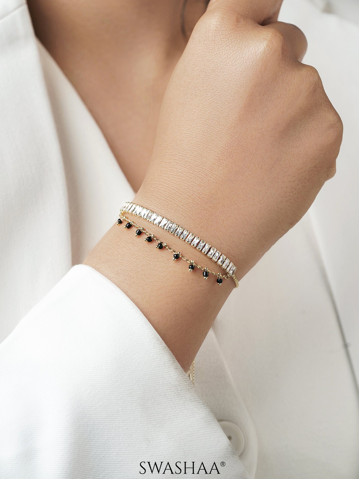 Dia Baguette Layered Stone 18K Gold Plated Mangalsutra Bracelet