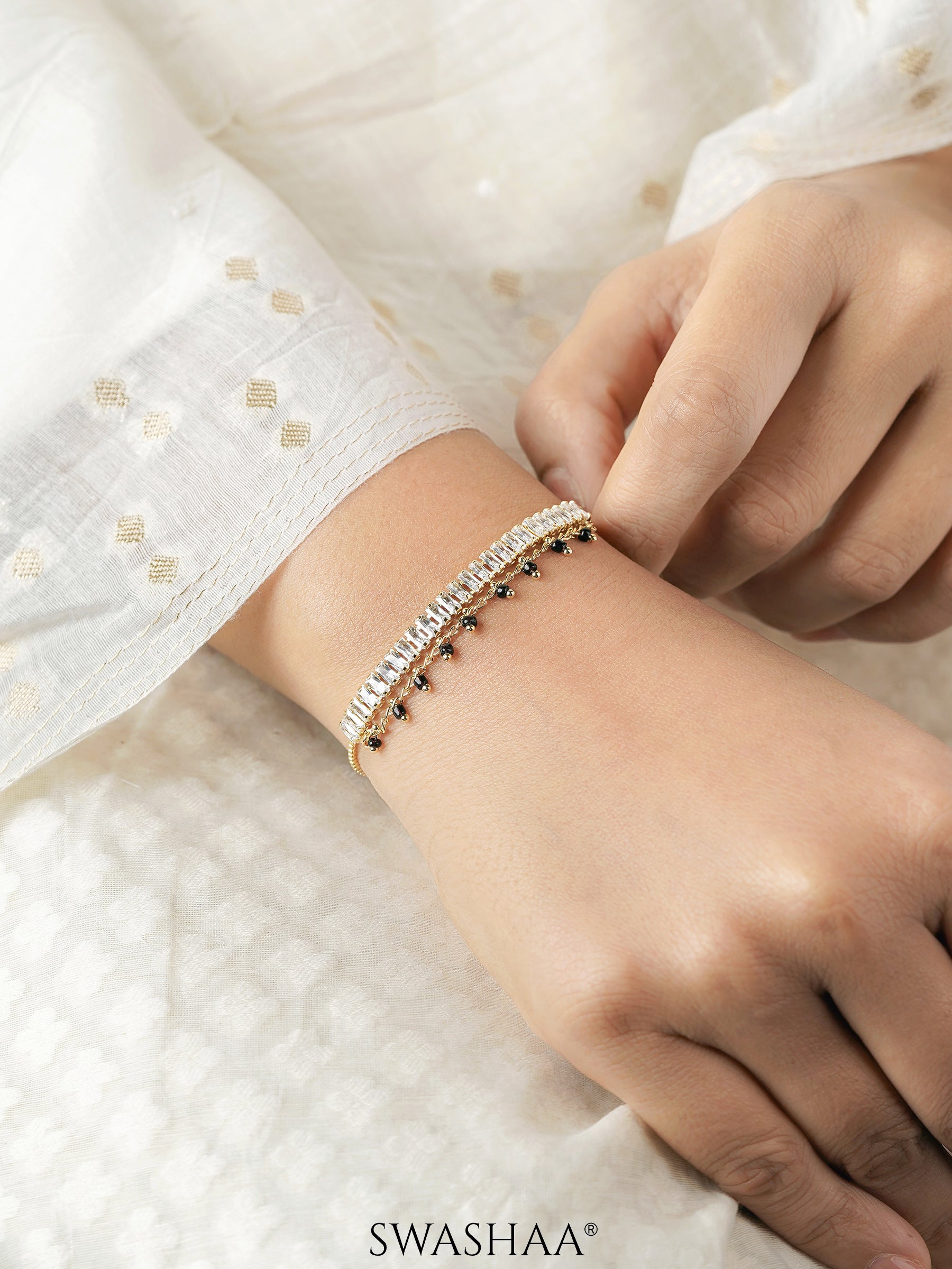 Dia Baguette Layered Stone 18K Gold Plated Mangalsutra Bracelet