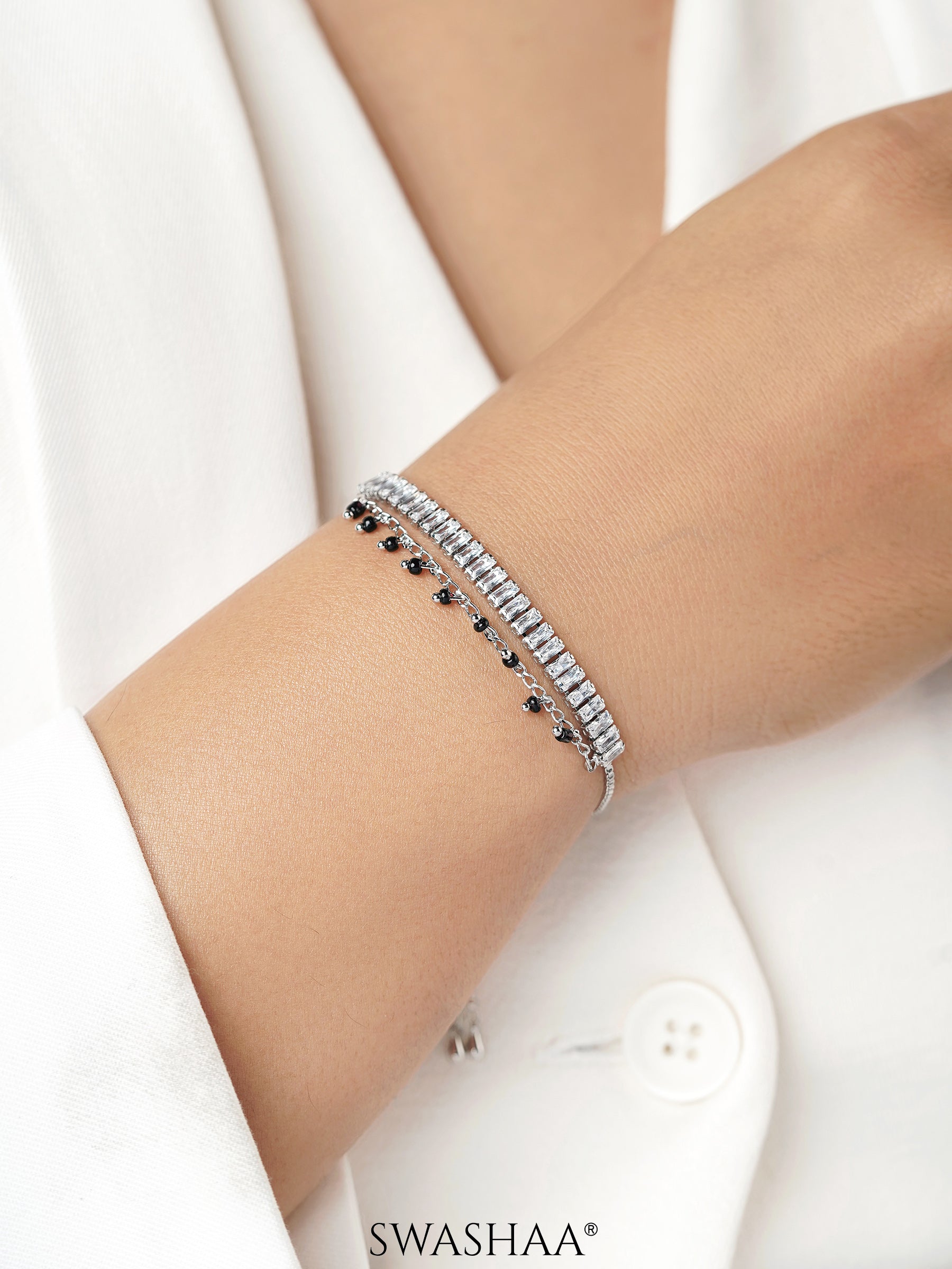 Dia Baguette Stone Silver Mangalsutra Bracelet