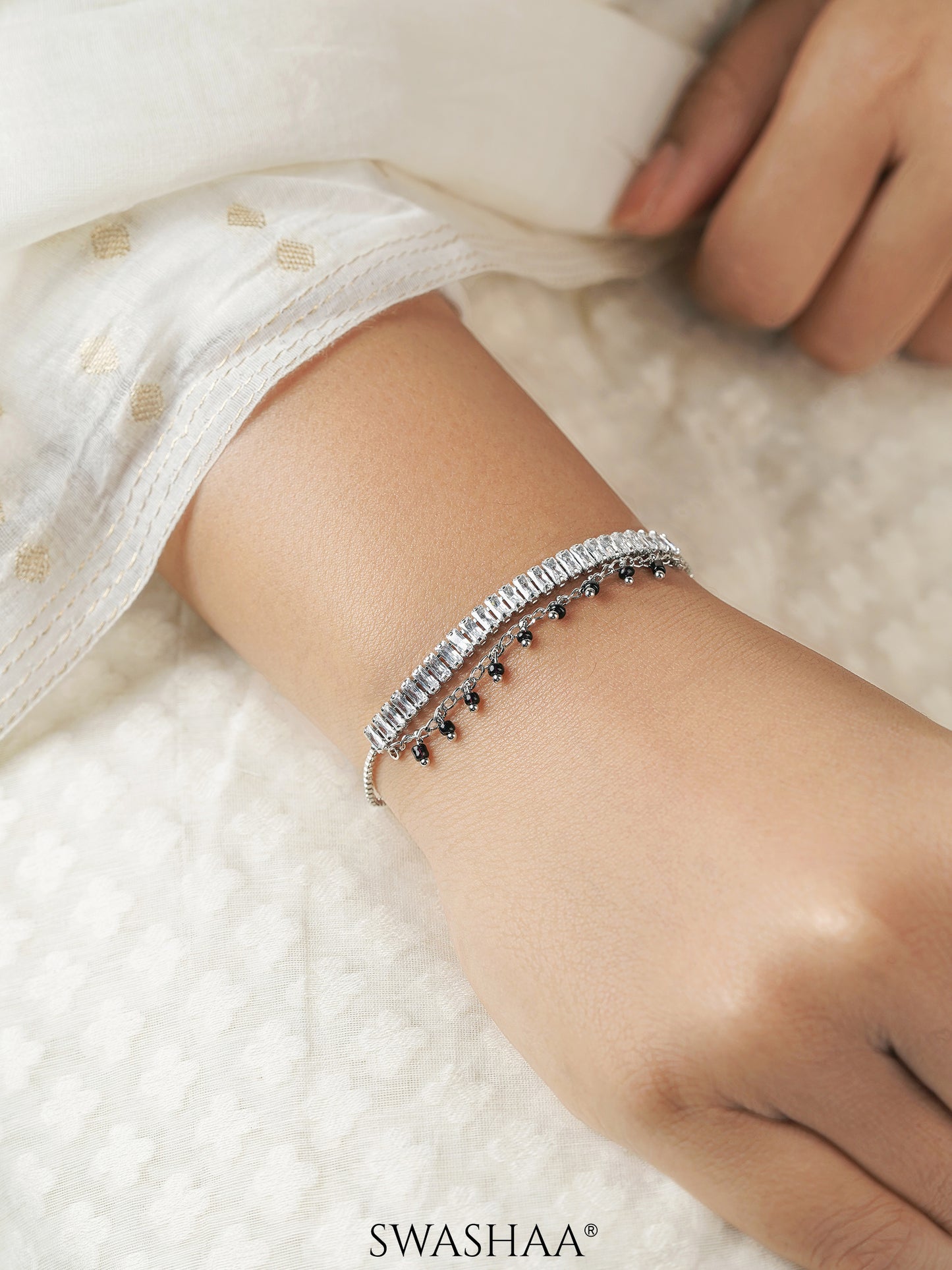 Dia Baguette Stone Silver Mangalsutra Bracelet