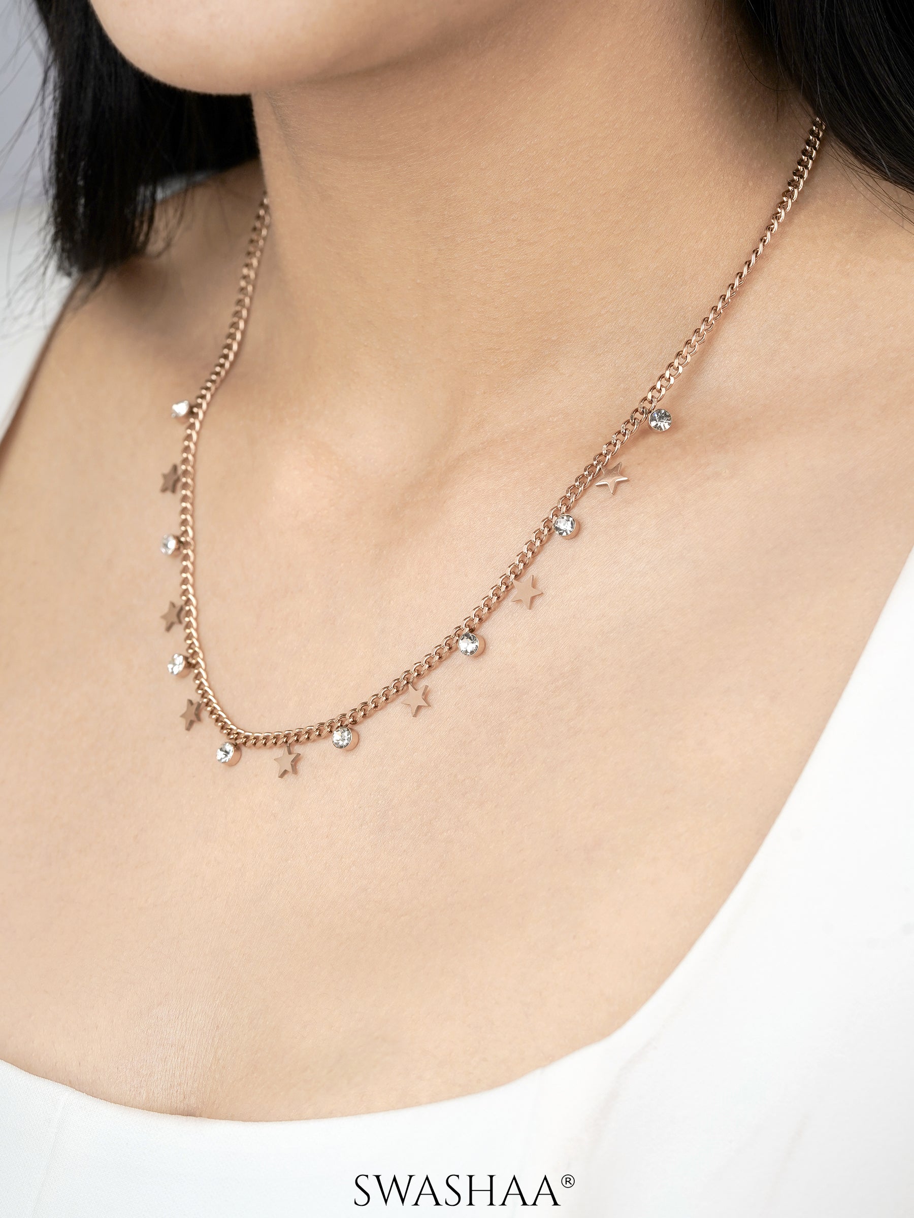 Diamond Star Charms Rosegold Plated Necklace