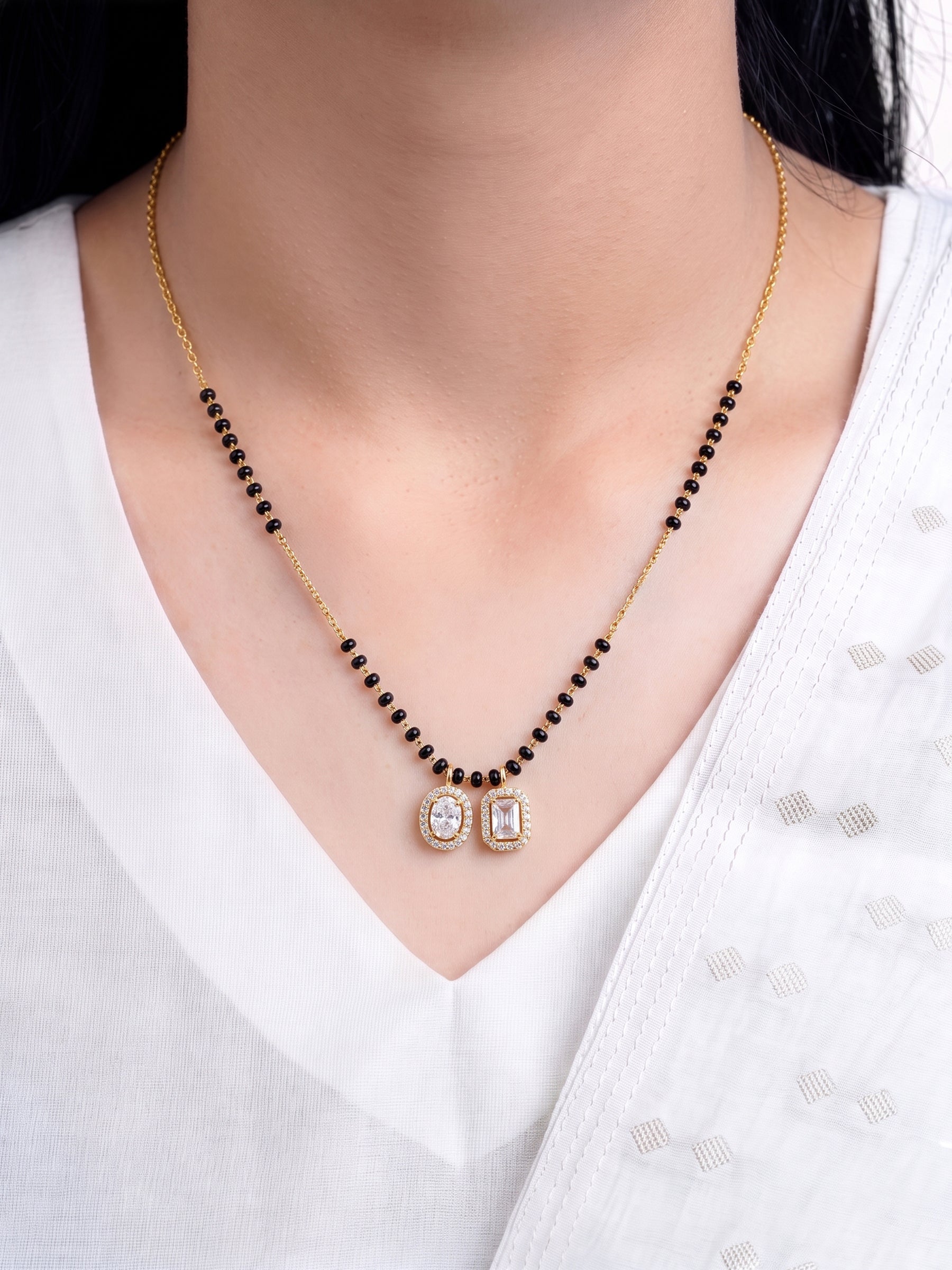 Diya Halo Twin Solitaire 18K Gold Plated Women's Chain Pendant Mangalsutra Necklace
