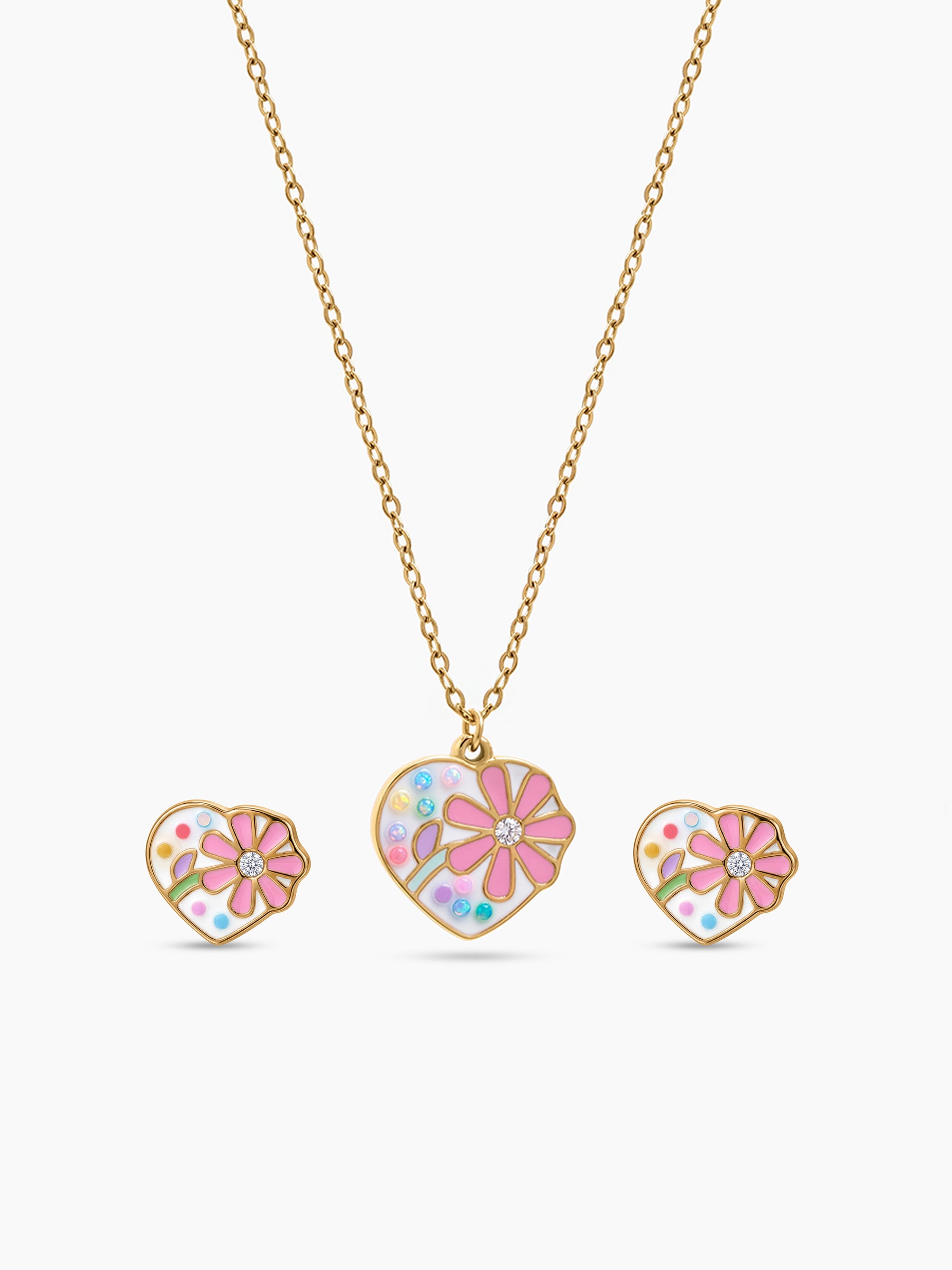 Dolly Flower Bloom Heart 18K Gold Plated Kid's Jewelry Set Of 2 - Necklace& Earrings
