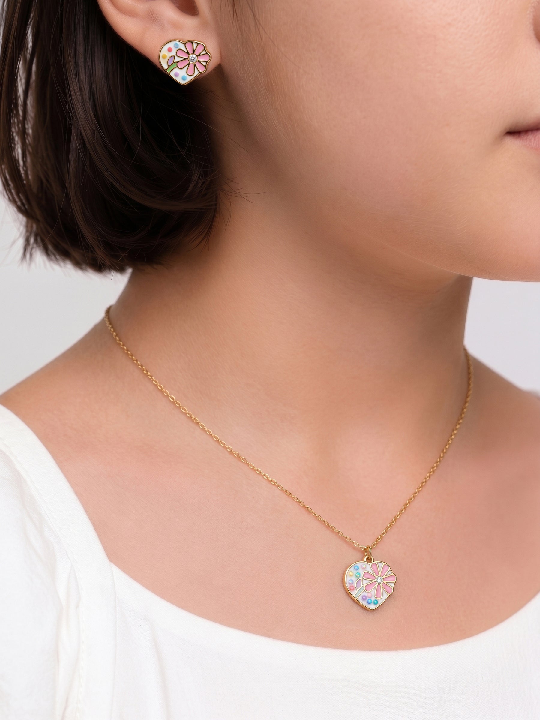 Dolly Flower Bloom Heart 18K Gold Plated Kid's Jewelry Set Of 2 - Necklace& Earrings