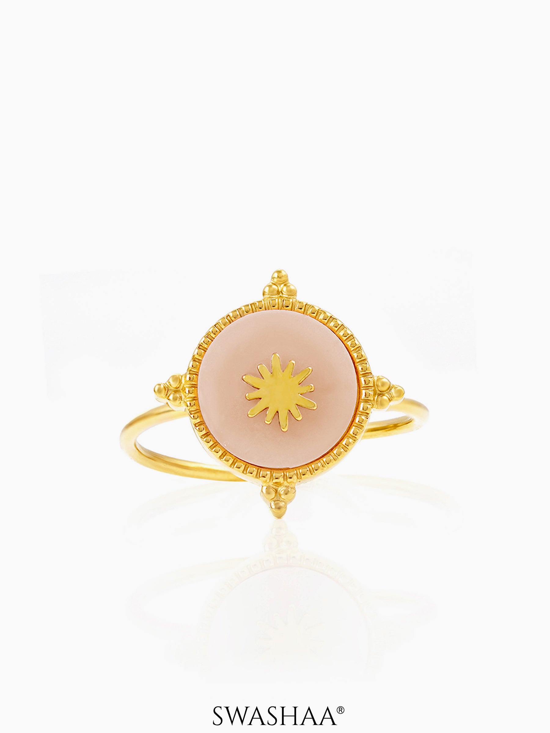 Domicia Pinkface Sunbrust Dotted Frame 18K Gold Plated Ring