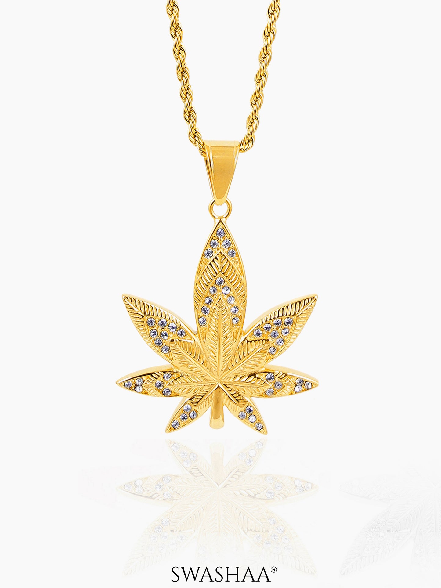 Dope Leaf Sparkling Diamonds 18K Gold Plated Men's Chain Pendant