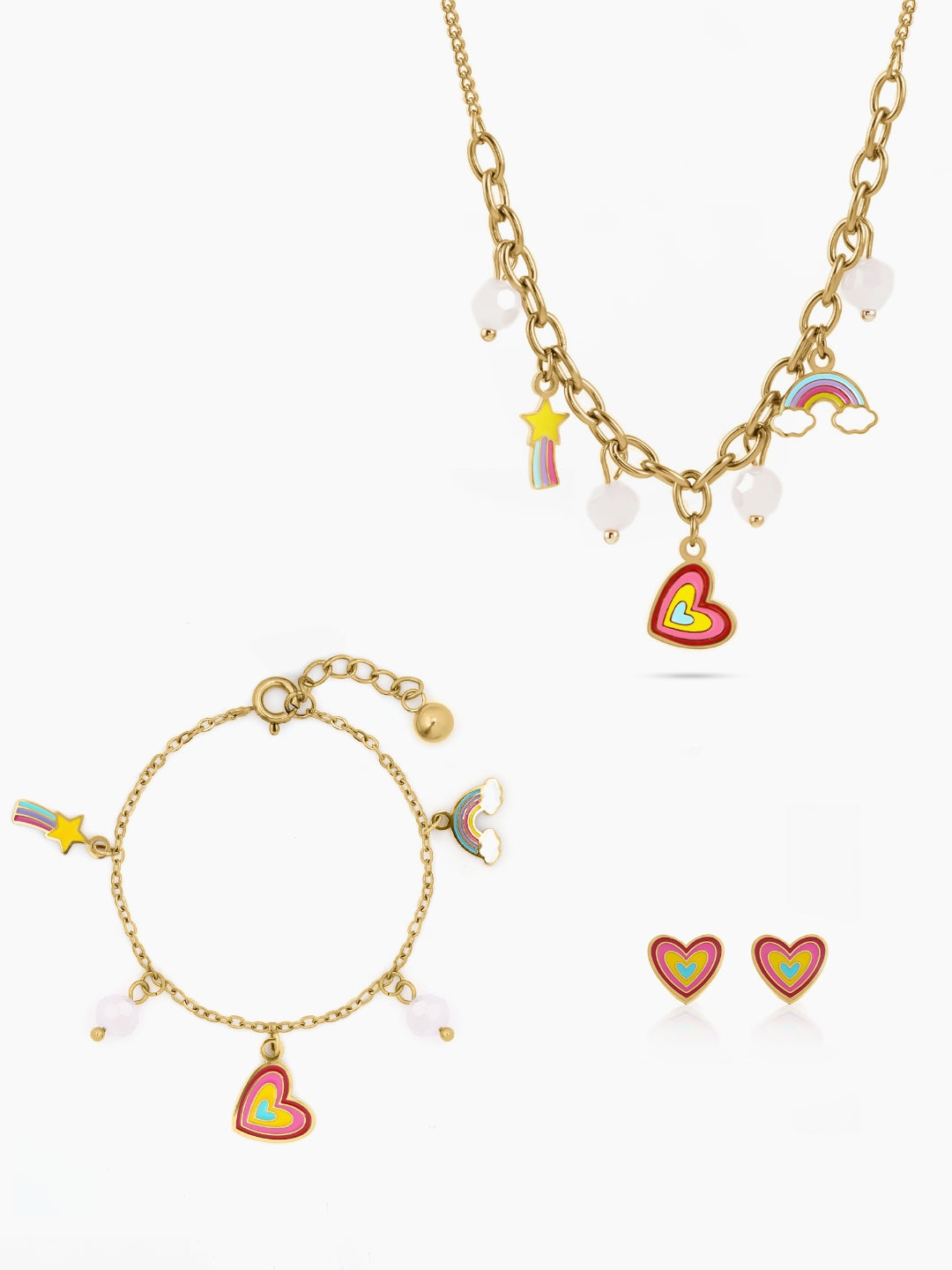 Dora Rainbow Star Heart Pearl Rainbow Charms Kid's Jewelry Set Of 3 - Necklace, Bracelet & Studs Earrings