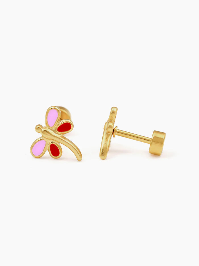 Dragonfly Pink - Red Charm 18K Gold Plated Kid's Stud Earrings