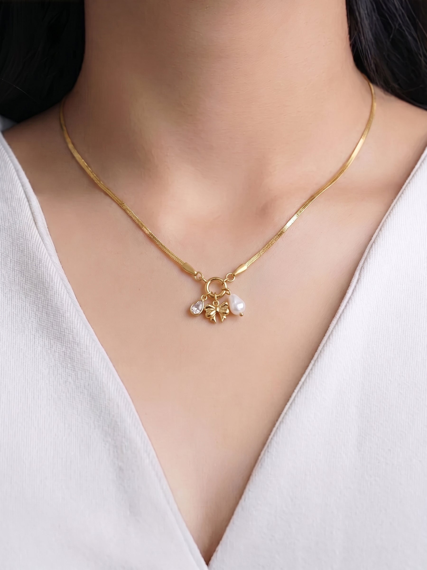 Dreamscape Bow & Pearl Charms
Snake Chain 18K Gold Plated Women's Necklace