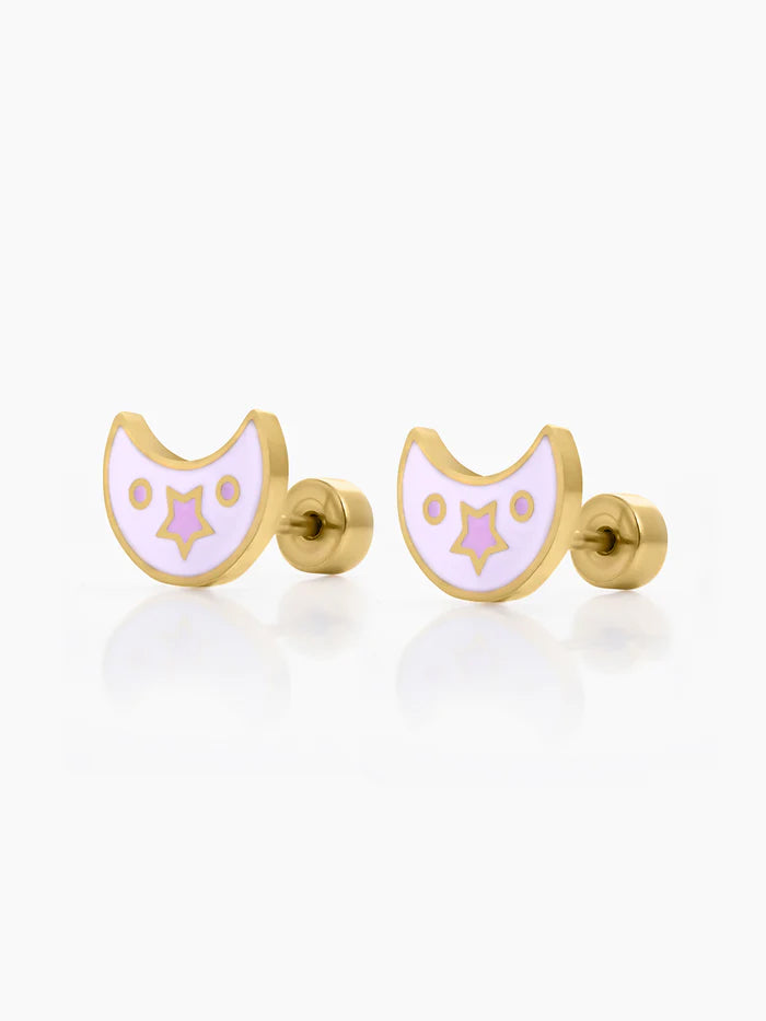 Dreamy Luna Moon Star Charm 18K Gold Plated Kid's Stud Earrings