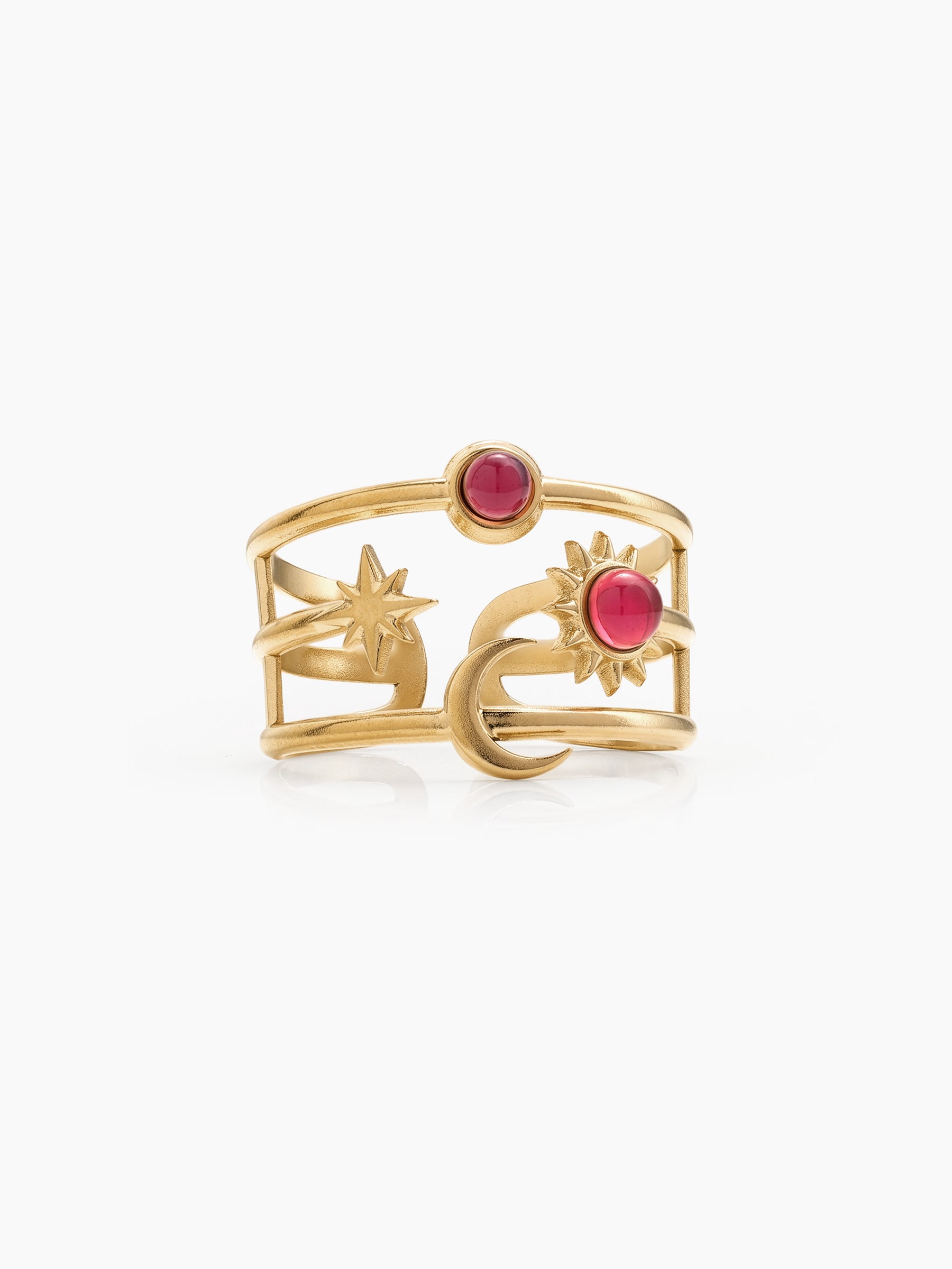Dulora Red Sun Moon Star Charms 18K Gold Plated Women's Ring