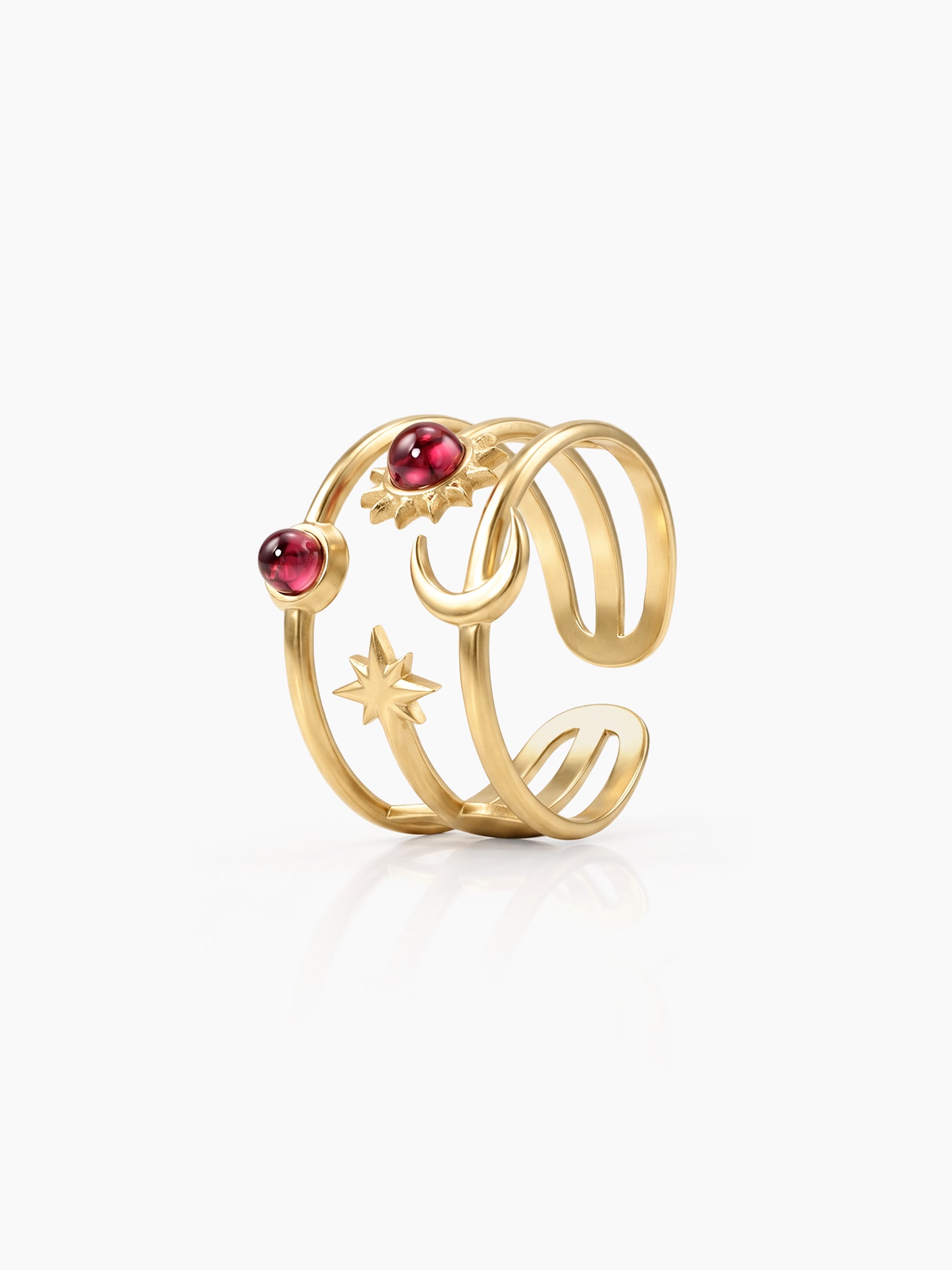 Dulora Red Sun Moon Star Charms 18K Gold Plated Women's Ring