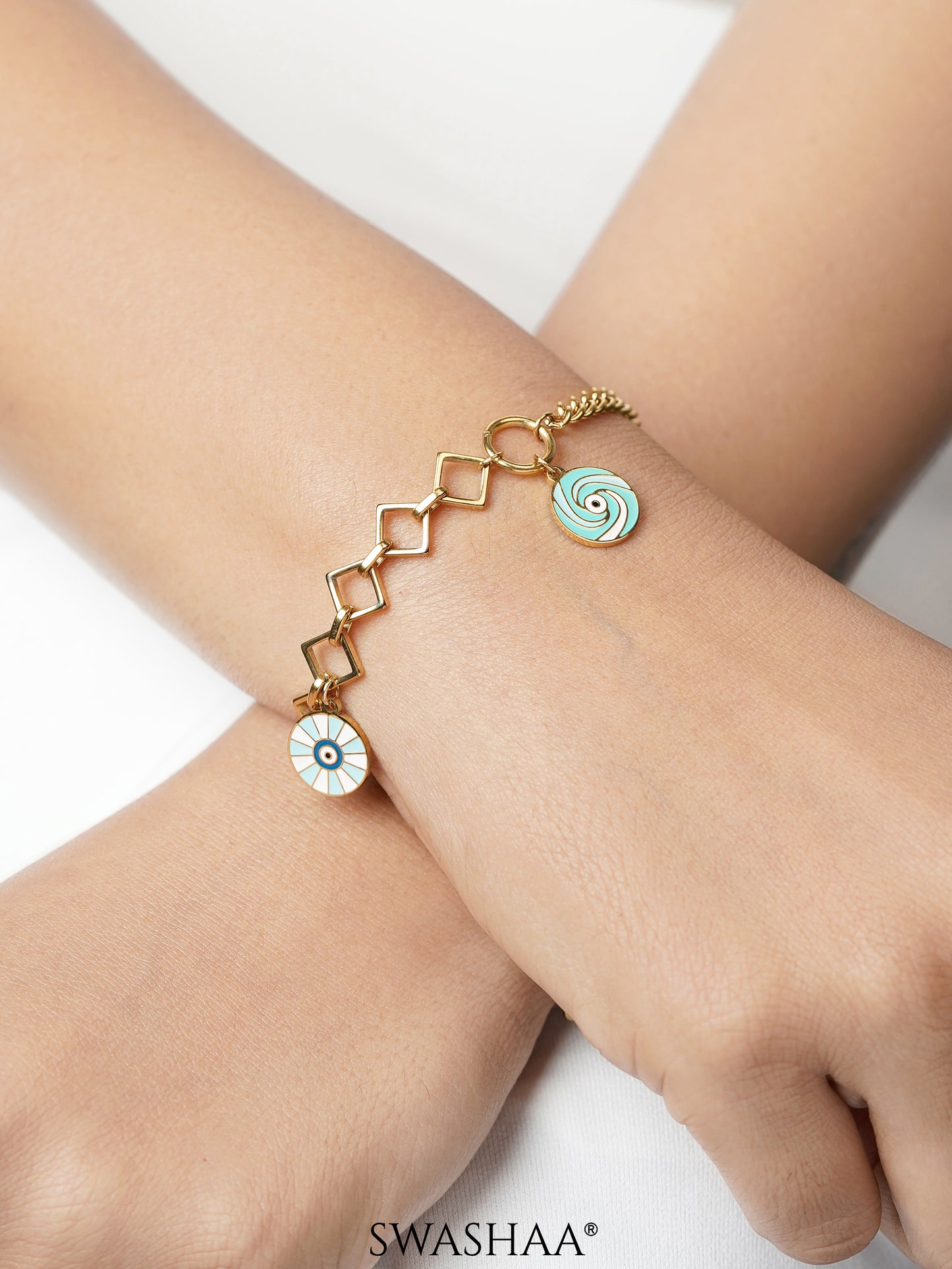 Dwi Turquoise White Evil Eye Wheel Swirl Charn 18K Gold Plated Loose Chain Bracelet