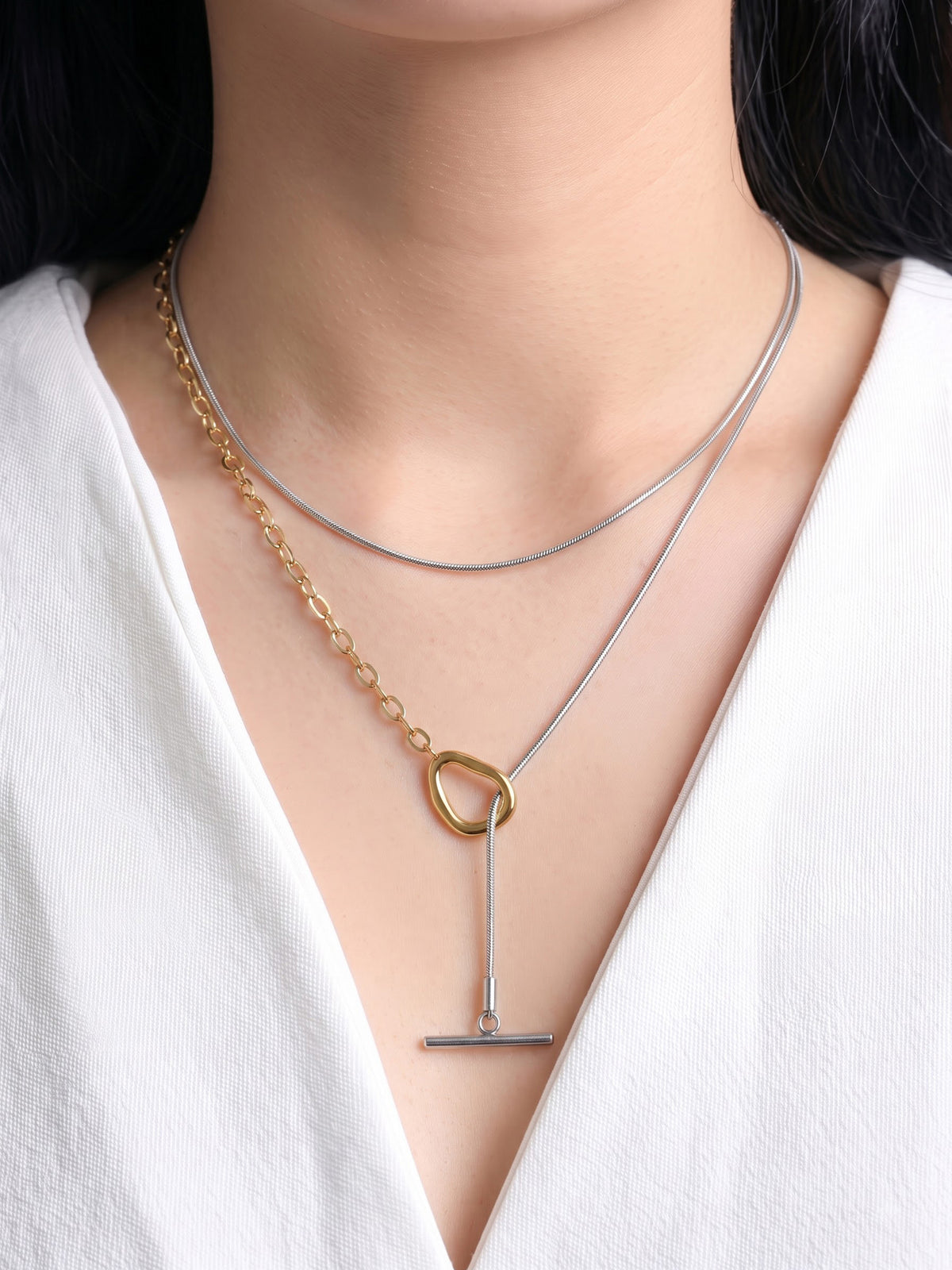Eira Double Layered 18K Gold-Silver Two-Tone Toggle Clasp Chain Pendant Necklace