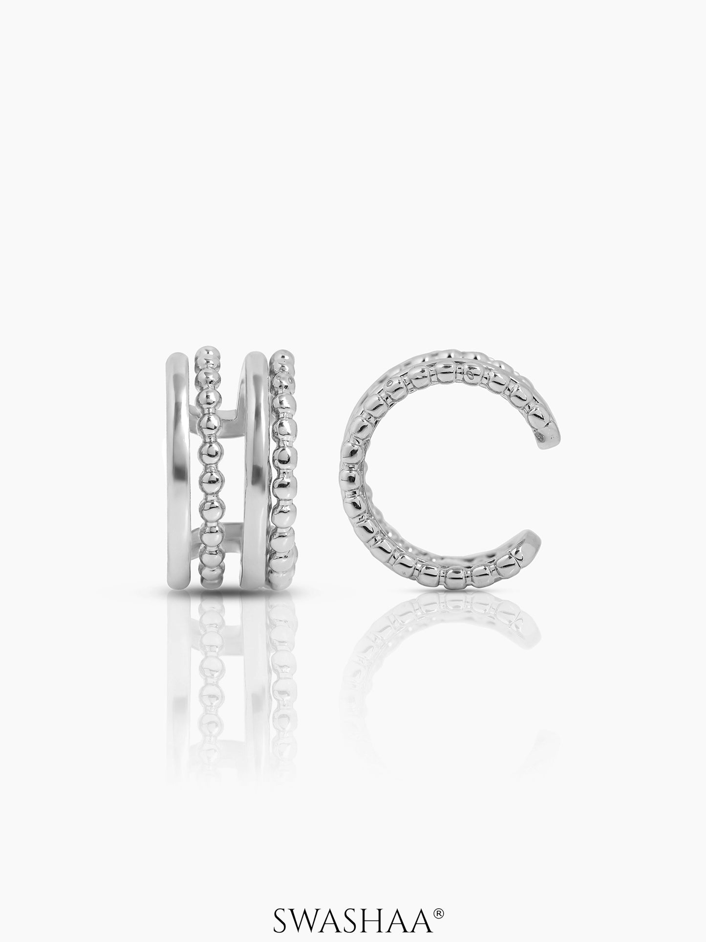 Eiran Multilayered Crafted Bands Silver Ear Cuffs