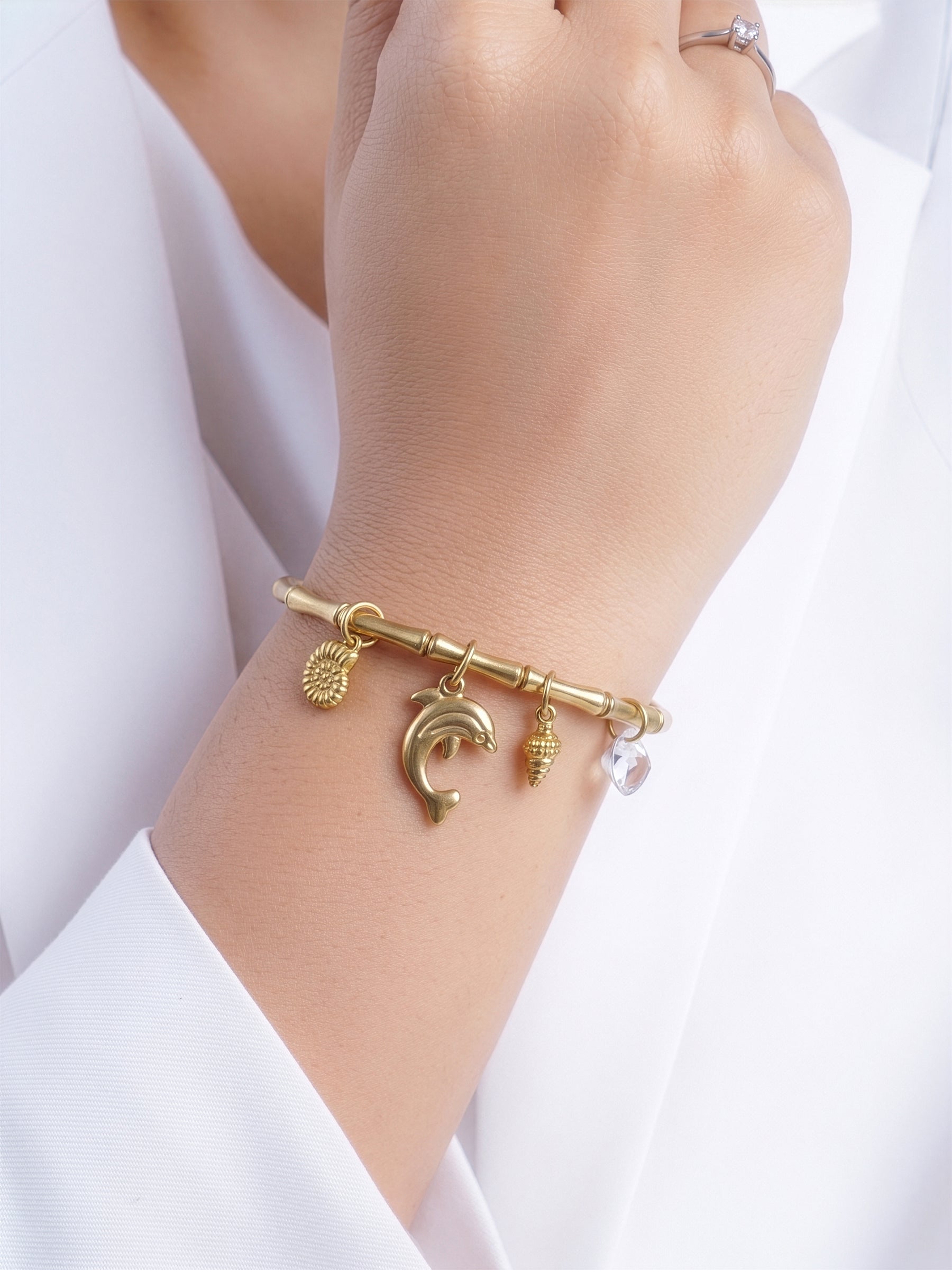 Elara Dolphin Motif, Shell Accents, Sparkling Drop Charms 18K Gold Tone Plated Women's Band Bracelet