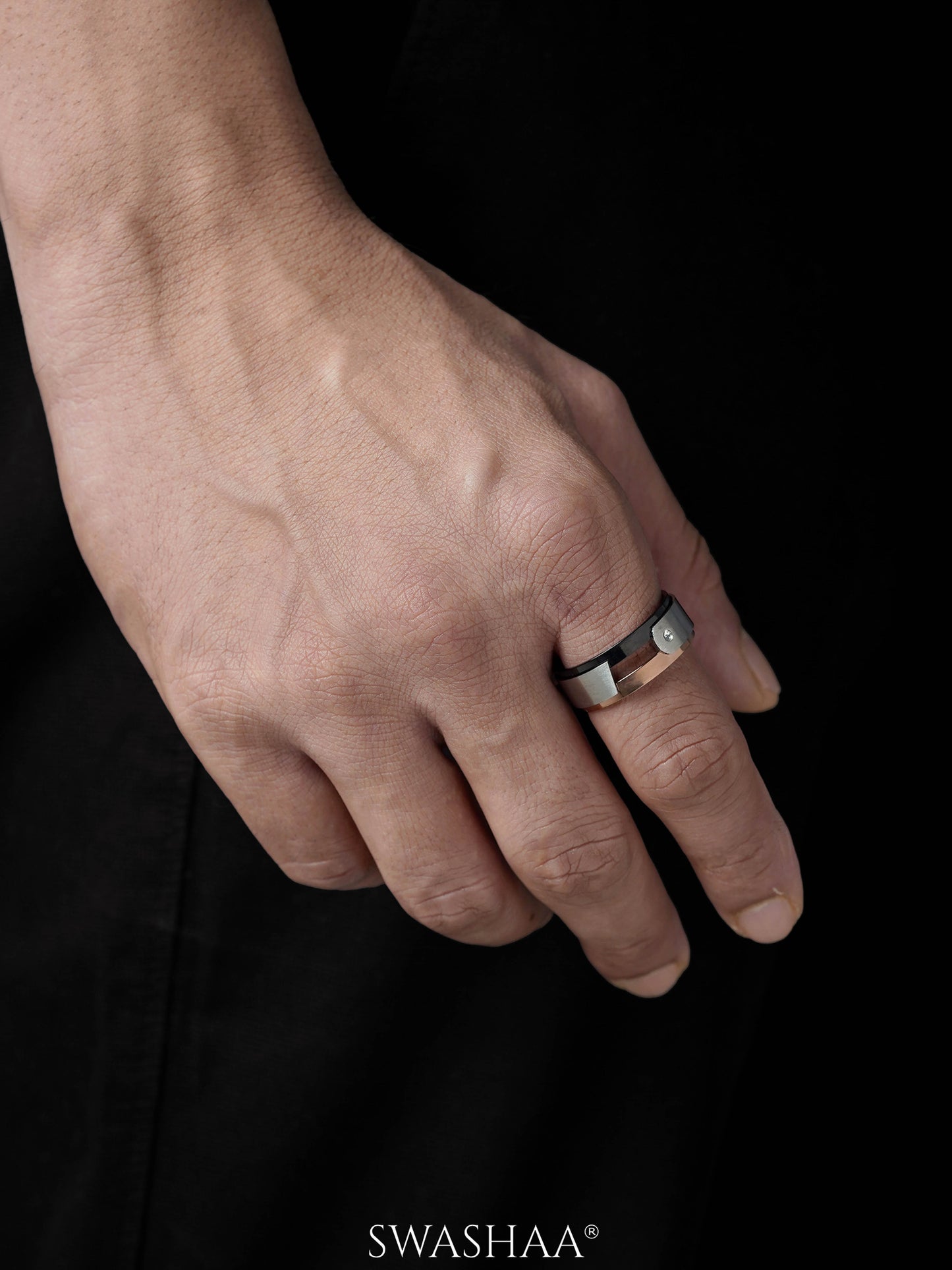 Elio Silver Black Rosegold Band Men's Ring