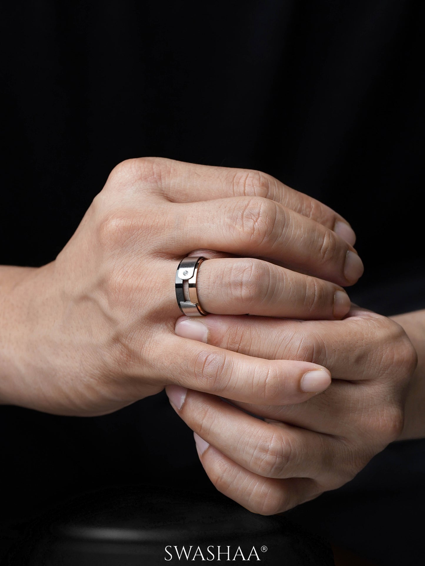 Elio Silver Black Rosegold Band Men's Ring