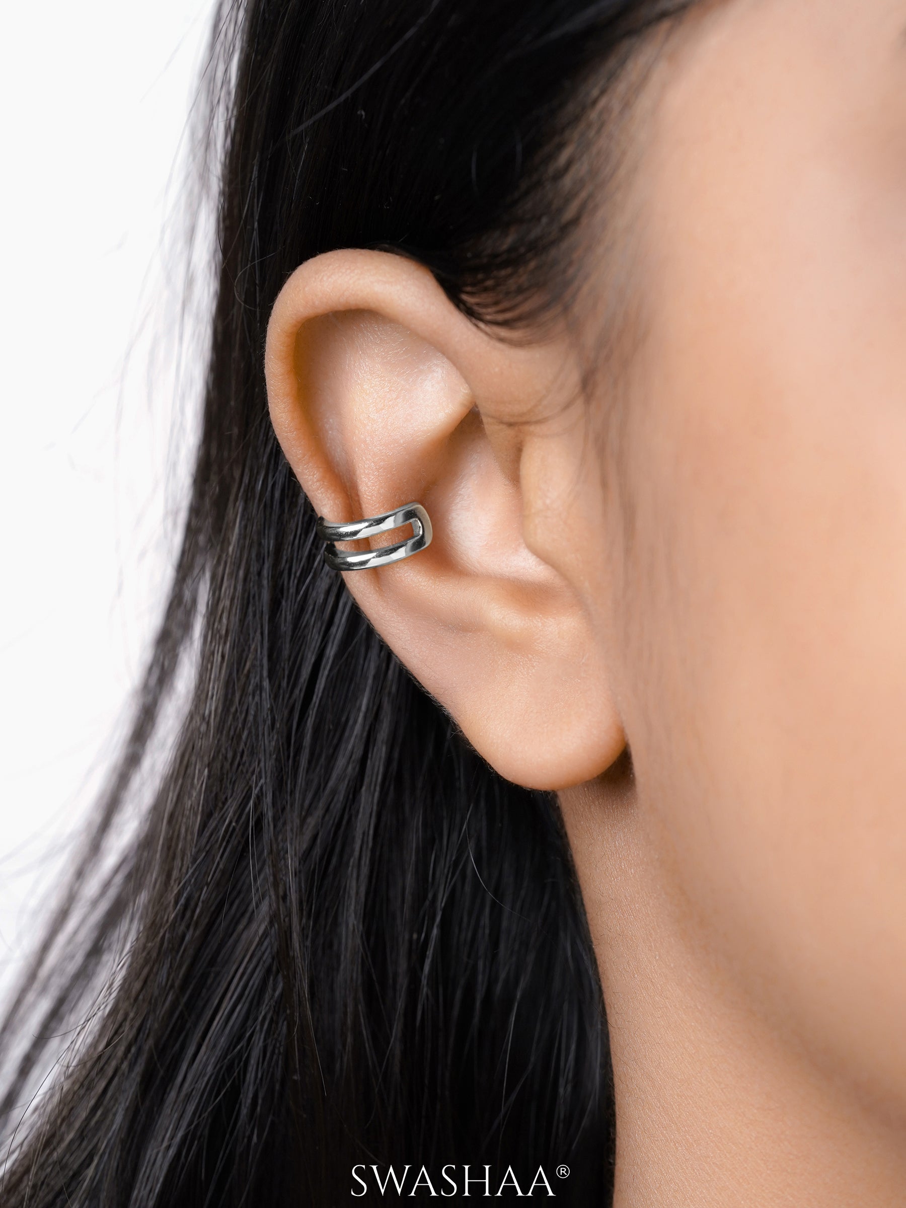 Elion Sleek Double Band Silver Ear Cuffs
