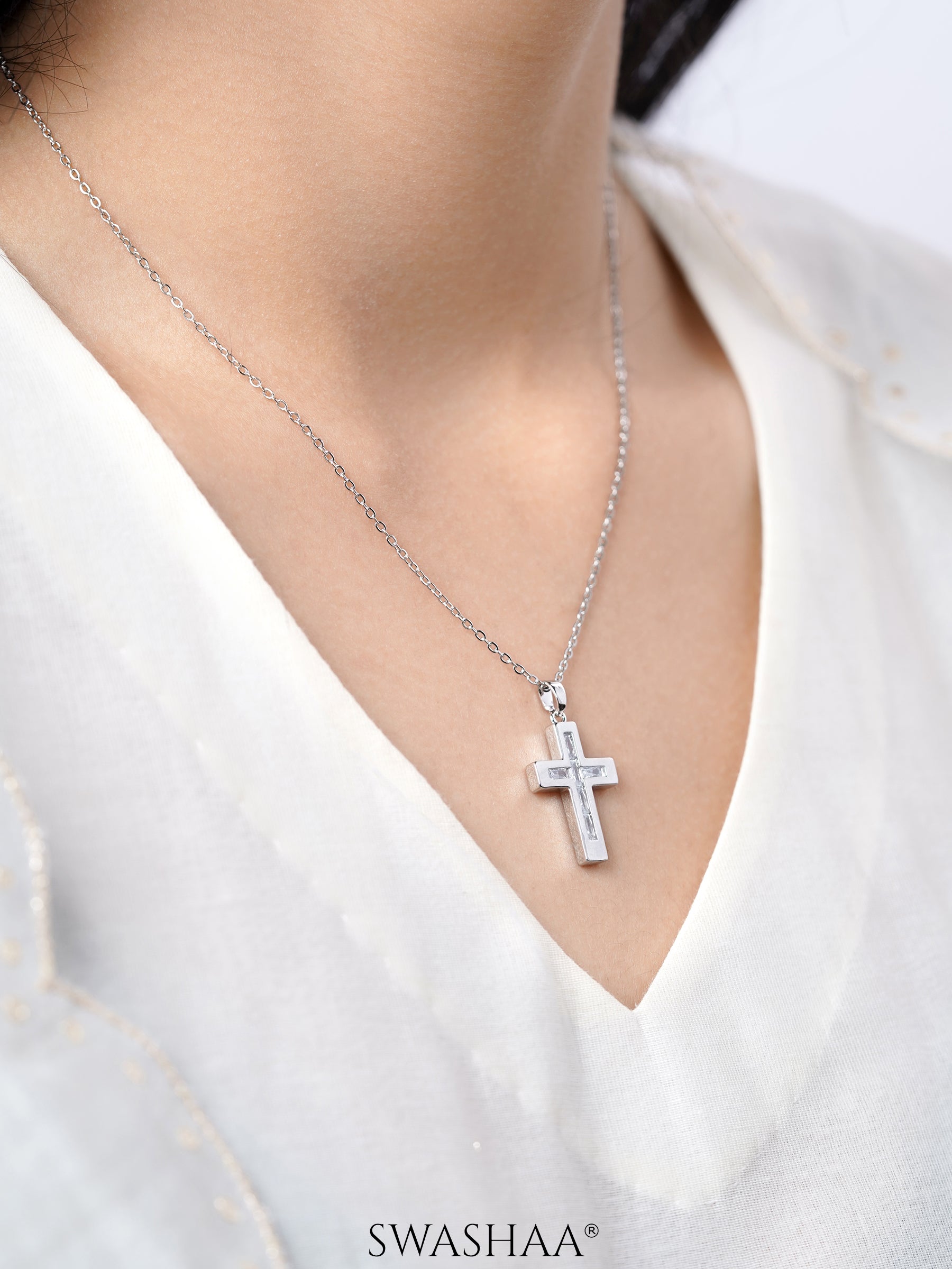 Elira Cross Baguette Silver Necklace