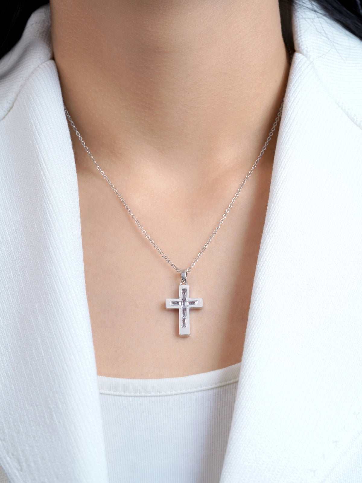 Elira Cross Baguette Silver Necklace