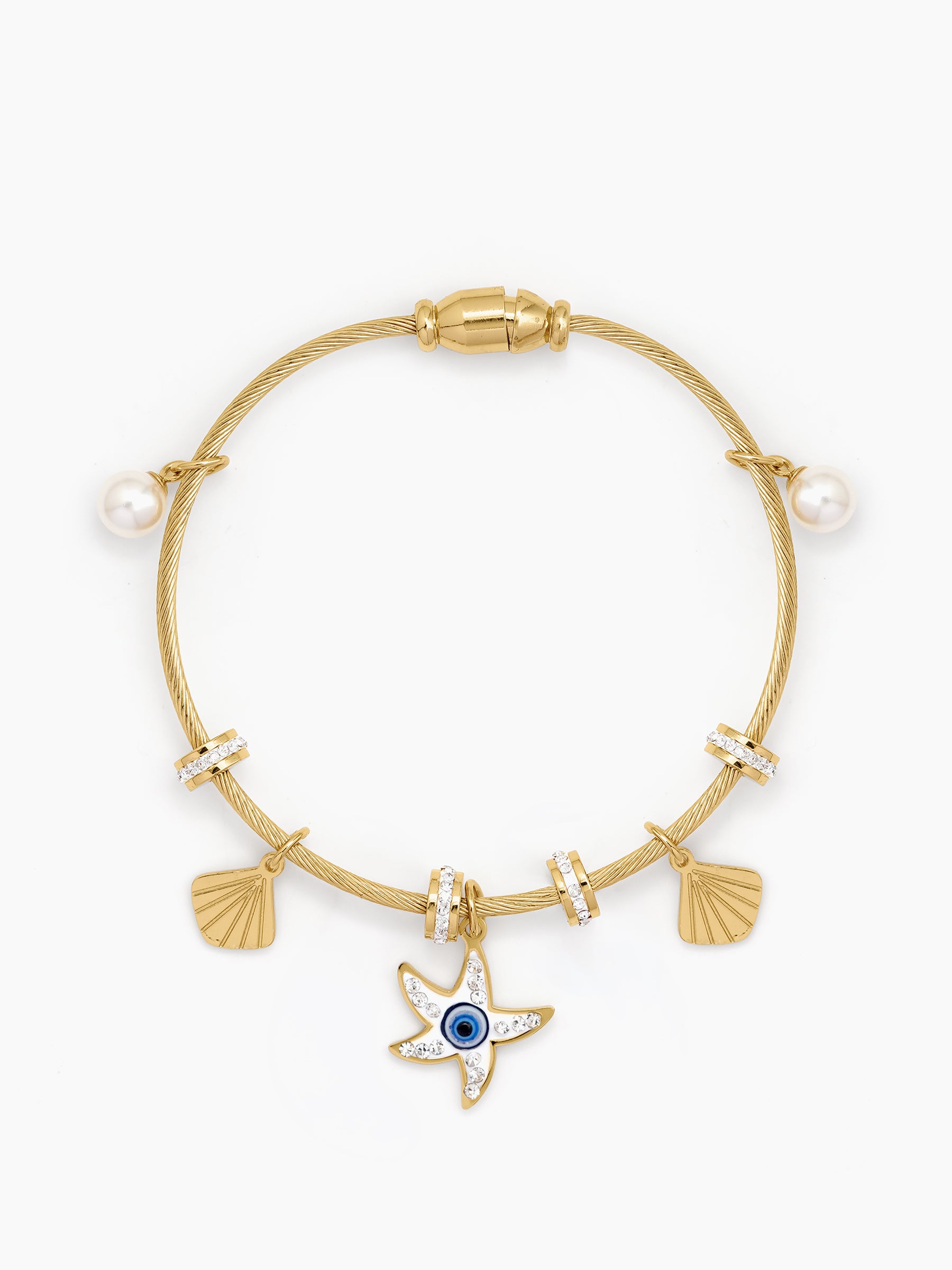 Elisha Evil Eye Starfish Diamond Pearl Charms 18K Gold Plated Women's Solid Band Bracelet