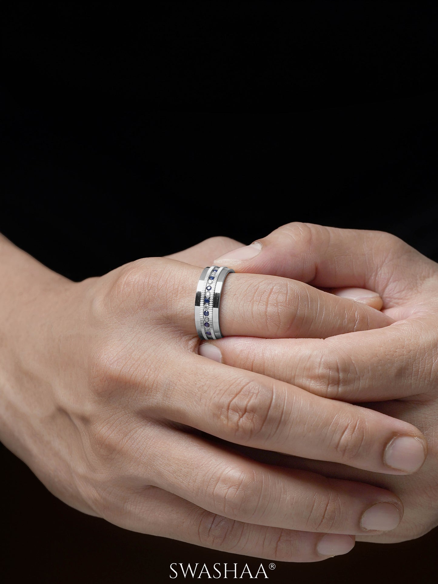 Elric Blue Diamond Silver Band Men's Ring