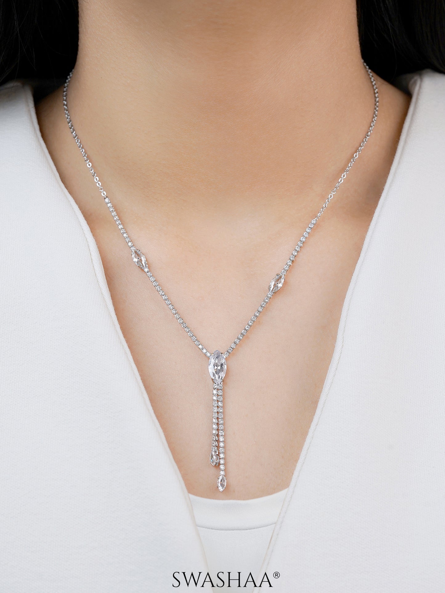 Elsie Oval Crystal Drop Y-shaped Chain Pendant Necklace