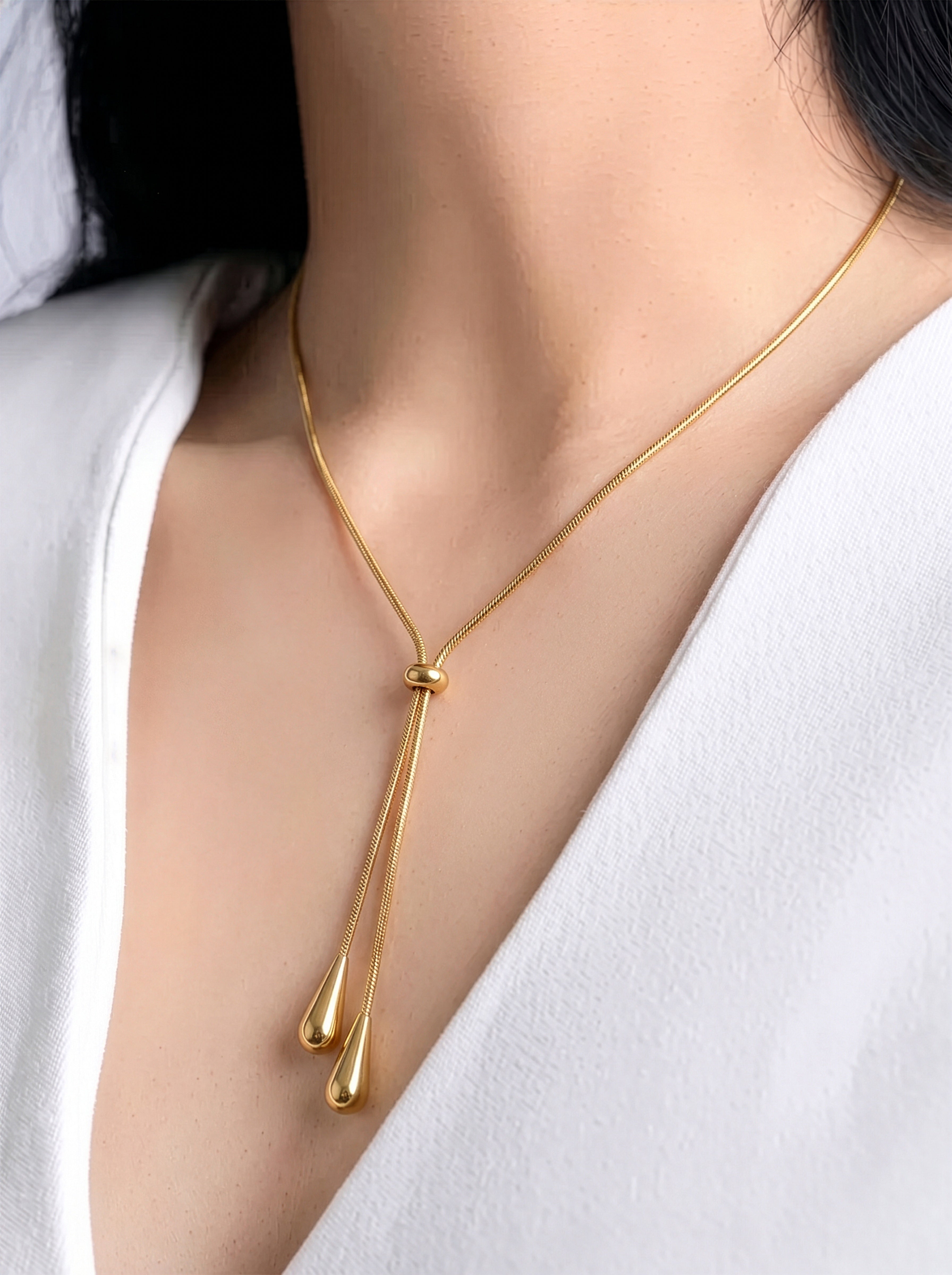 Elvara Y-Drop Teardrop Beads Y - Shape 18K Gold Plated Women's Layered Chain Pendant Necklace