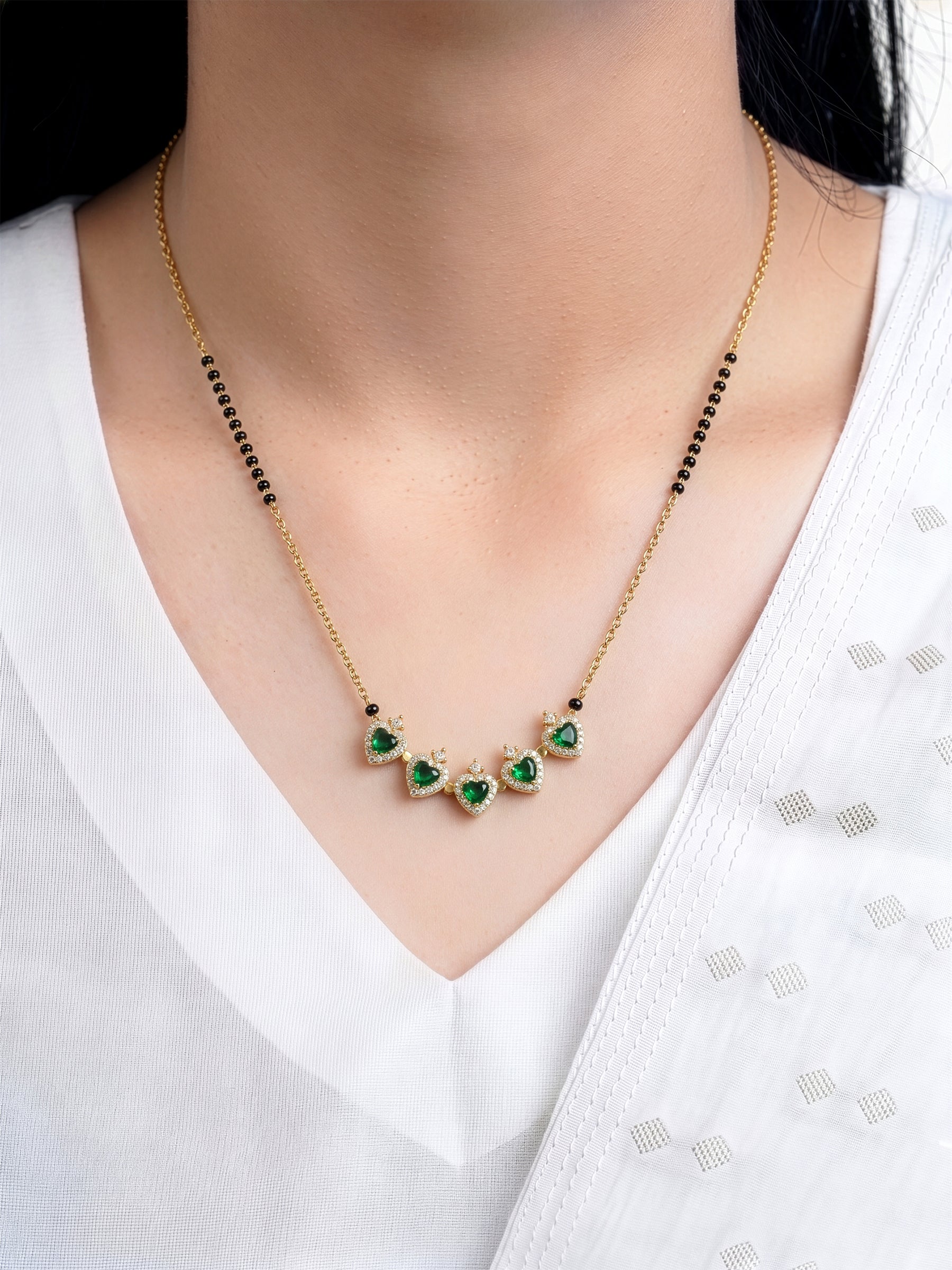 Emerald Shiny Clover Diamond Solitaire Green Heart Charm 18K Gold Plated Mangalsutra
