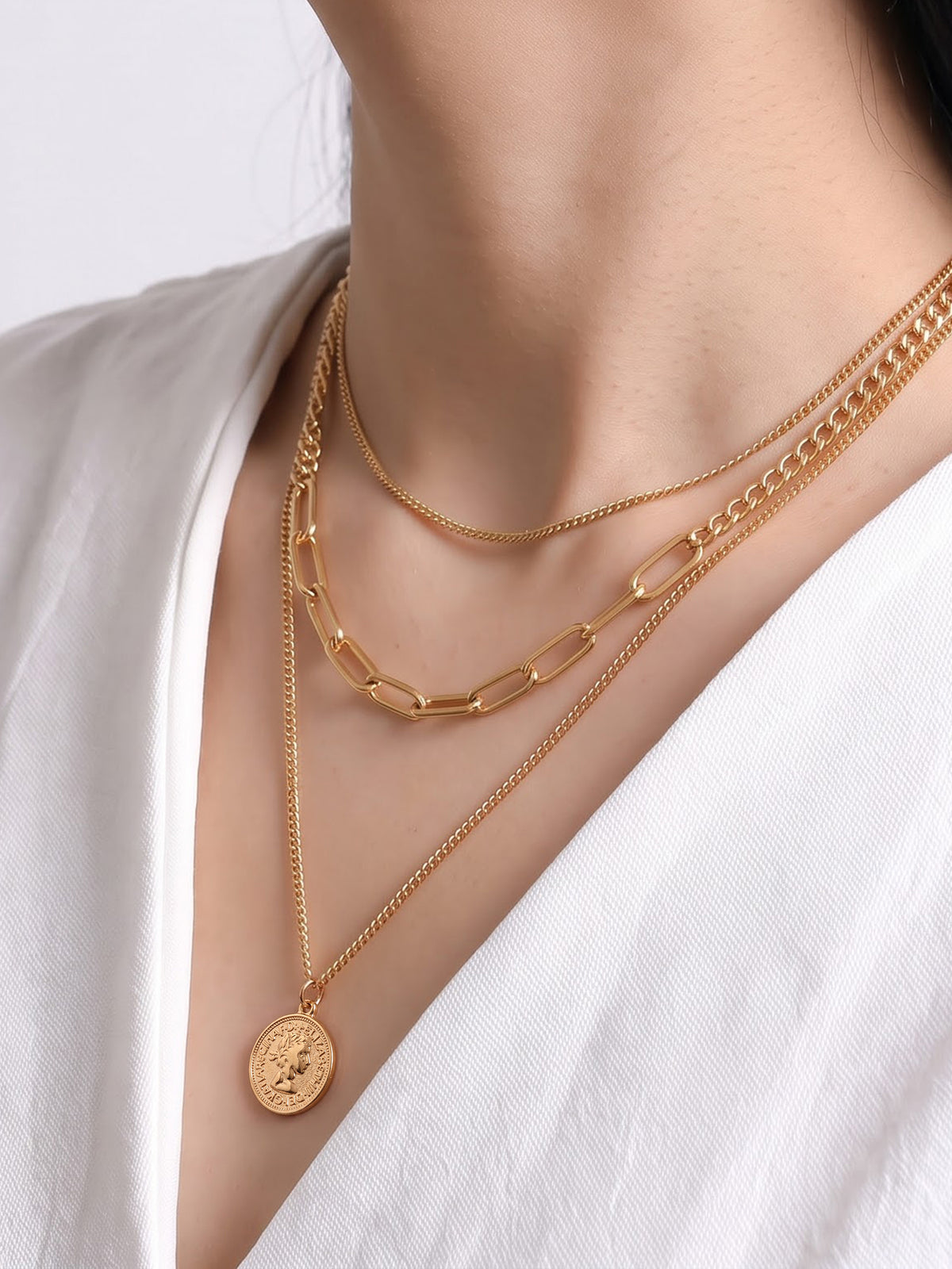 Emiko Queen Link 18K Gold Plated Women's Chain Pendant Layered Necklace