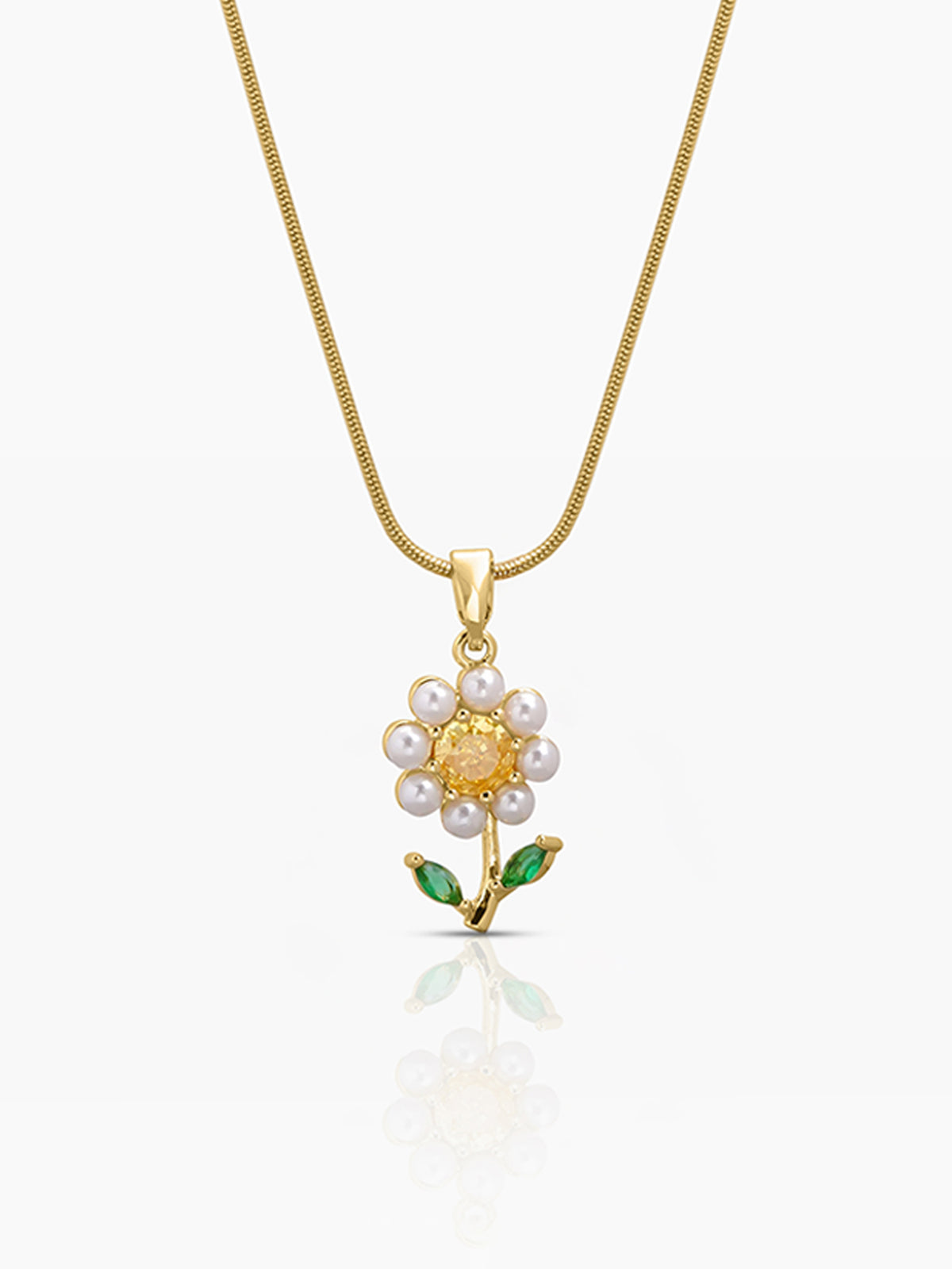 Emily Pearl a Floral Pendant With A Central Yellow,White.Green Stone 18K Gold Plated Flower Chain Pendant