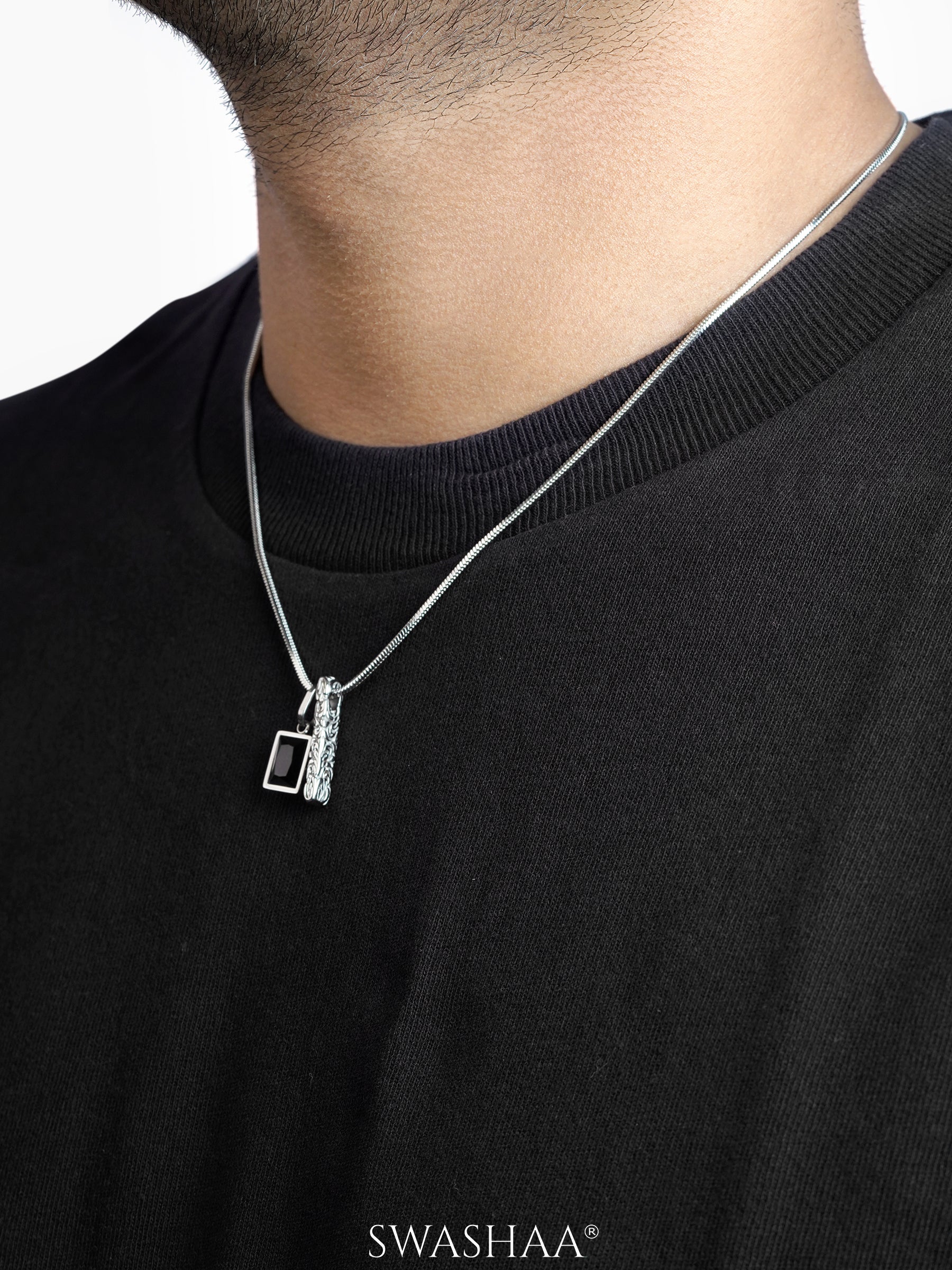 Emrin Black Emerald Men's Silver Chain Pendant