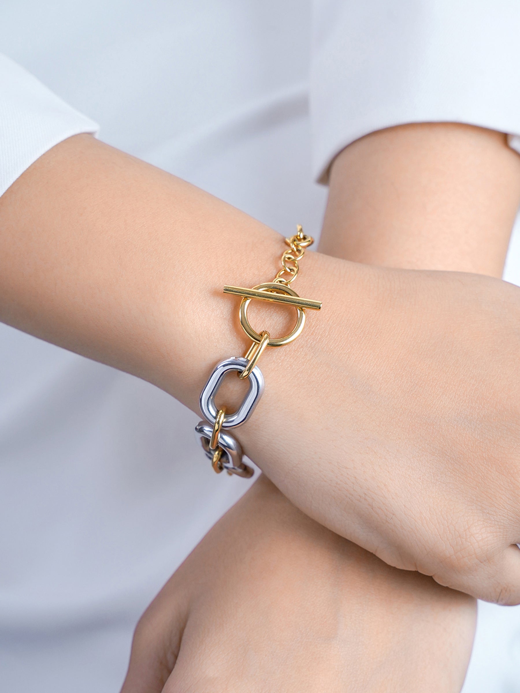 Erien Dual Tone 18K Gold - Silver Link Women's Loose Chain Bracelet