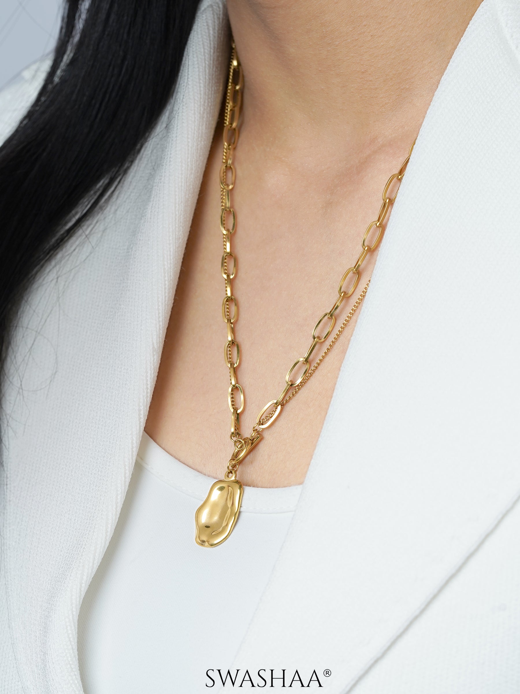 Eshara Layered Toggle Clasp 18K Gold Plated Chain Pendant Necklace