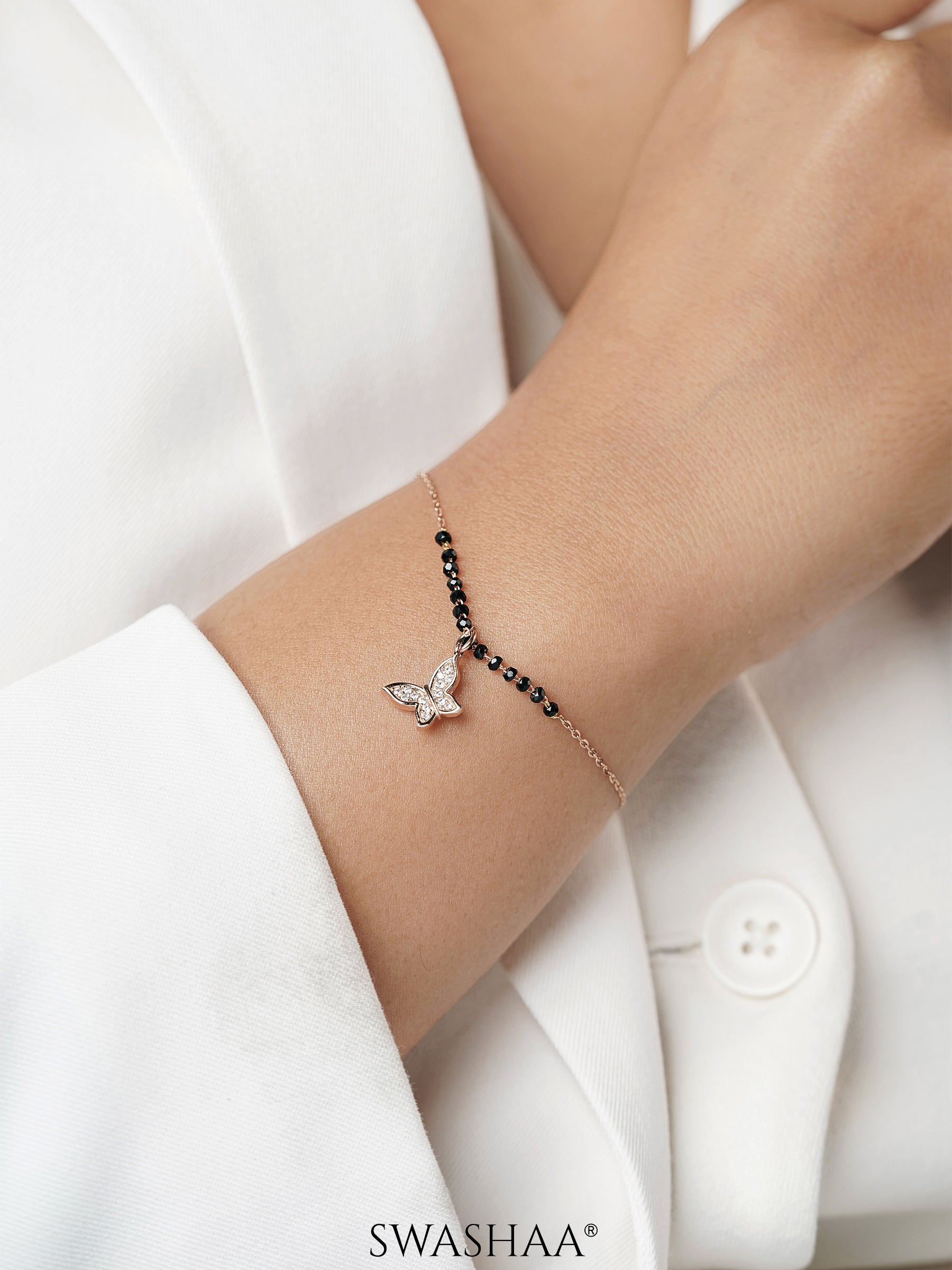 Eva Butterfly Charm Black Beads Rosegold Plated Mangalsutra Bracelet
