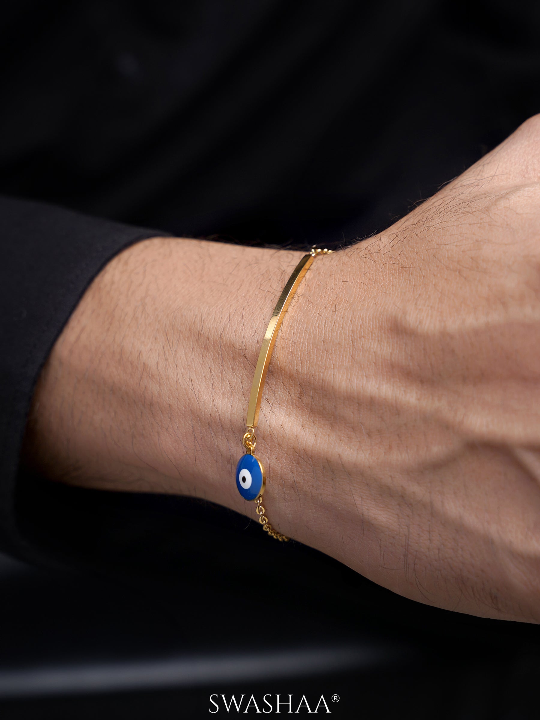 Evil Eye Blue Dangling 18K Gold Plated Bar Men's Bracelet